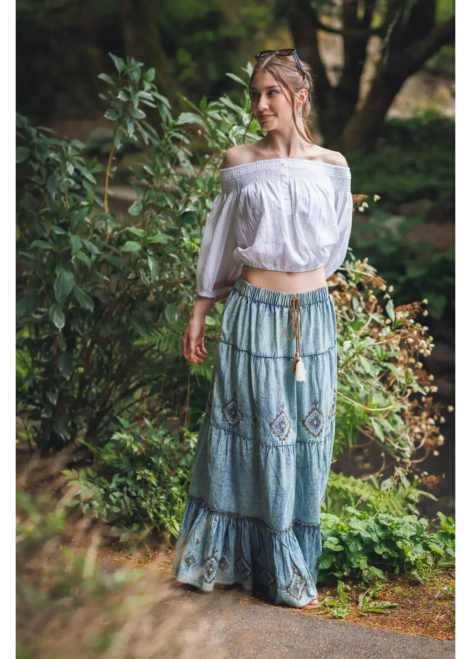 Papillon Embroidered and Beaded Tiered Denim Skirt