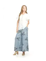 Floral Linen Wide Leg Paints With Elastic Waist - Denim