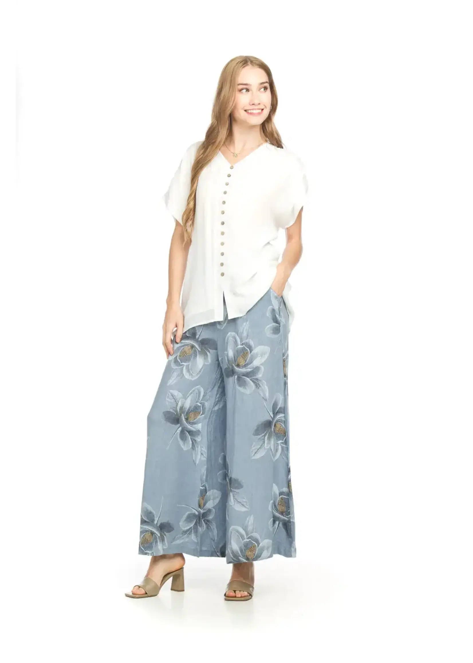 Floral Linen Wide Leg Paints With Elastic Waist - Denim