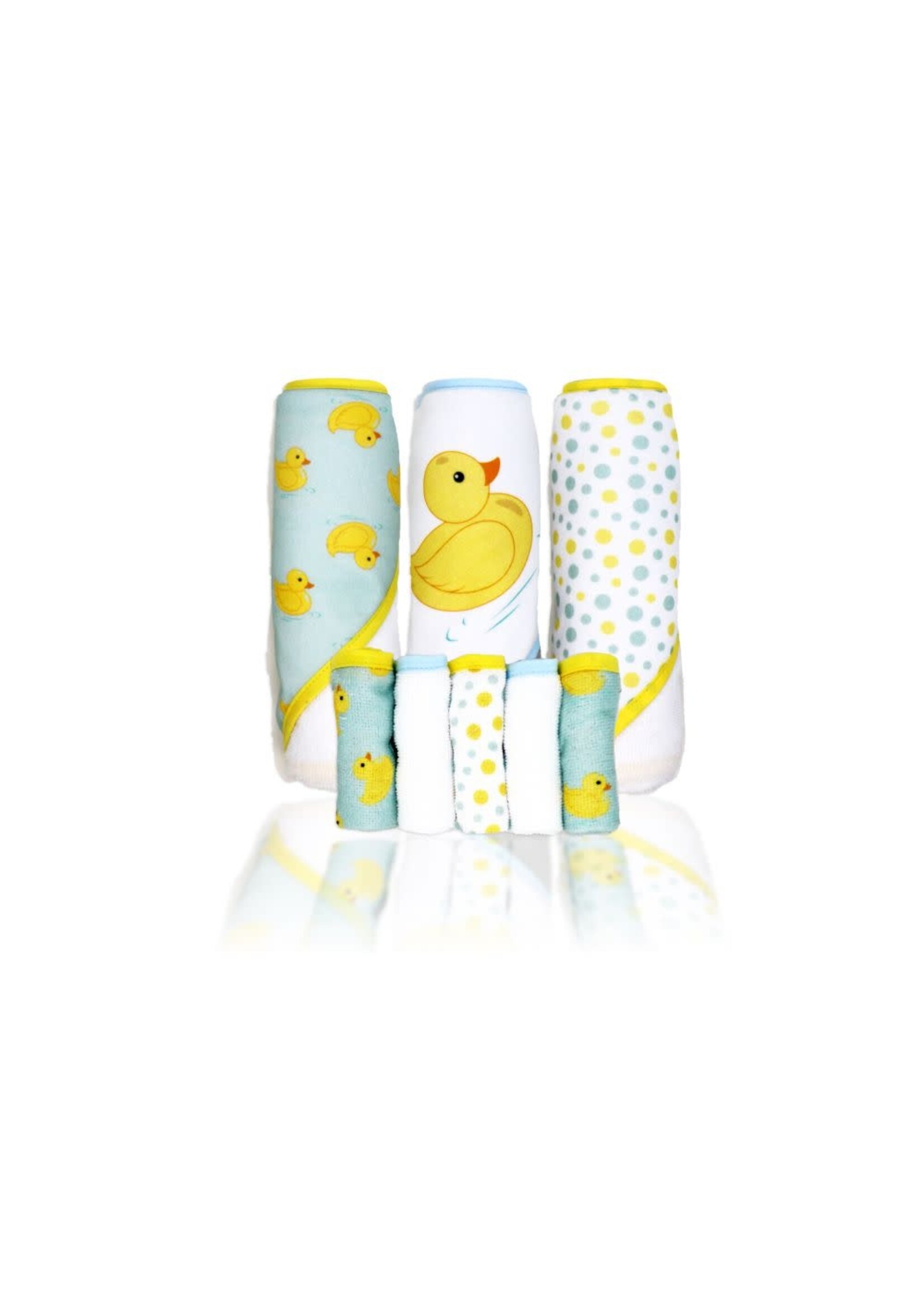 Baby Mode 8pc Bath Set - 3 Hooded Towels w/ 5 Washcloths: Aqua Duckies
