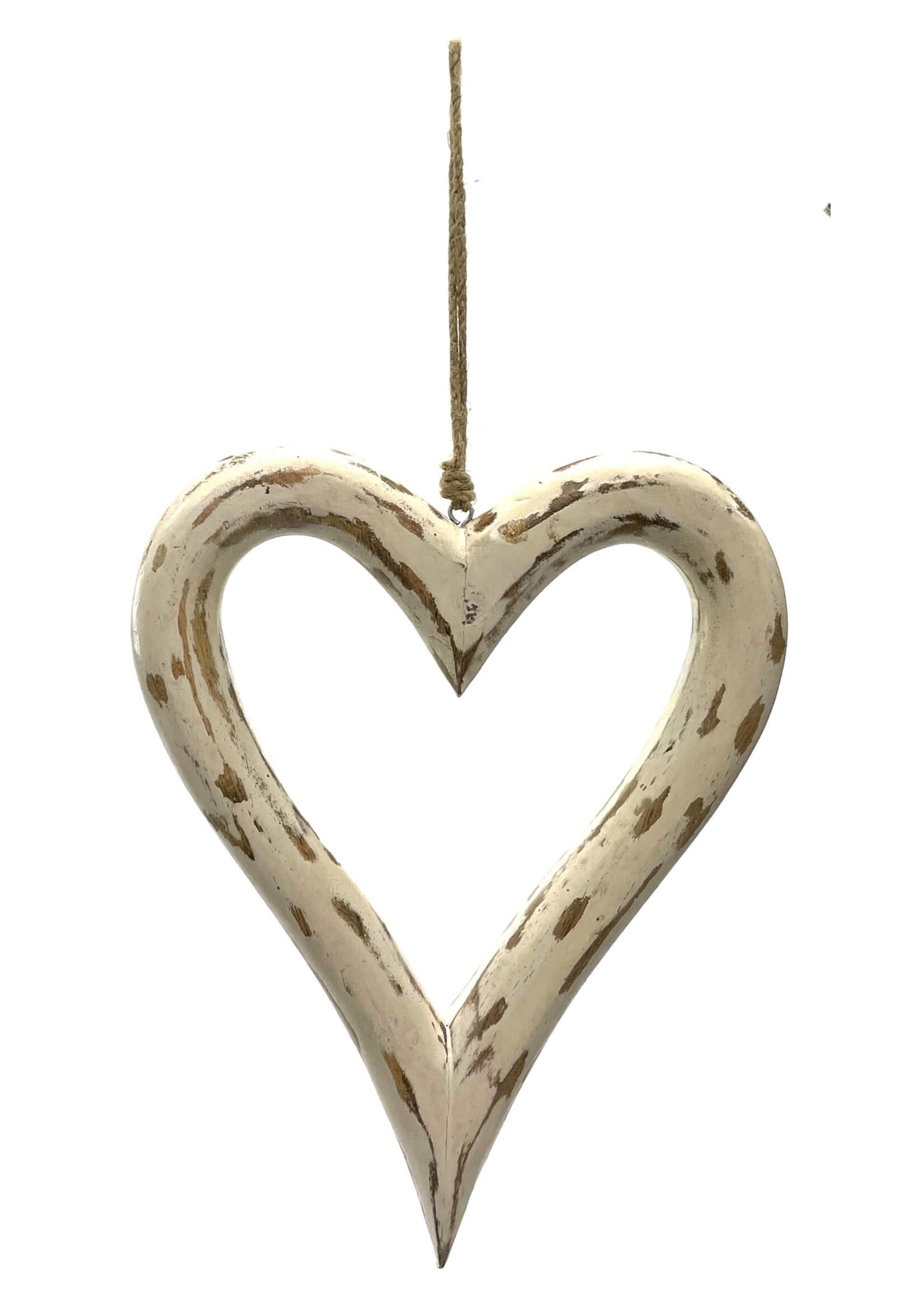 Mango Wood Chunky Heart - Vintage White 9"