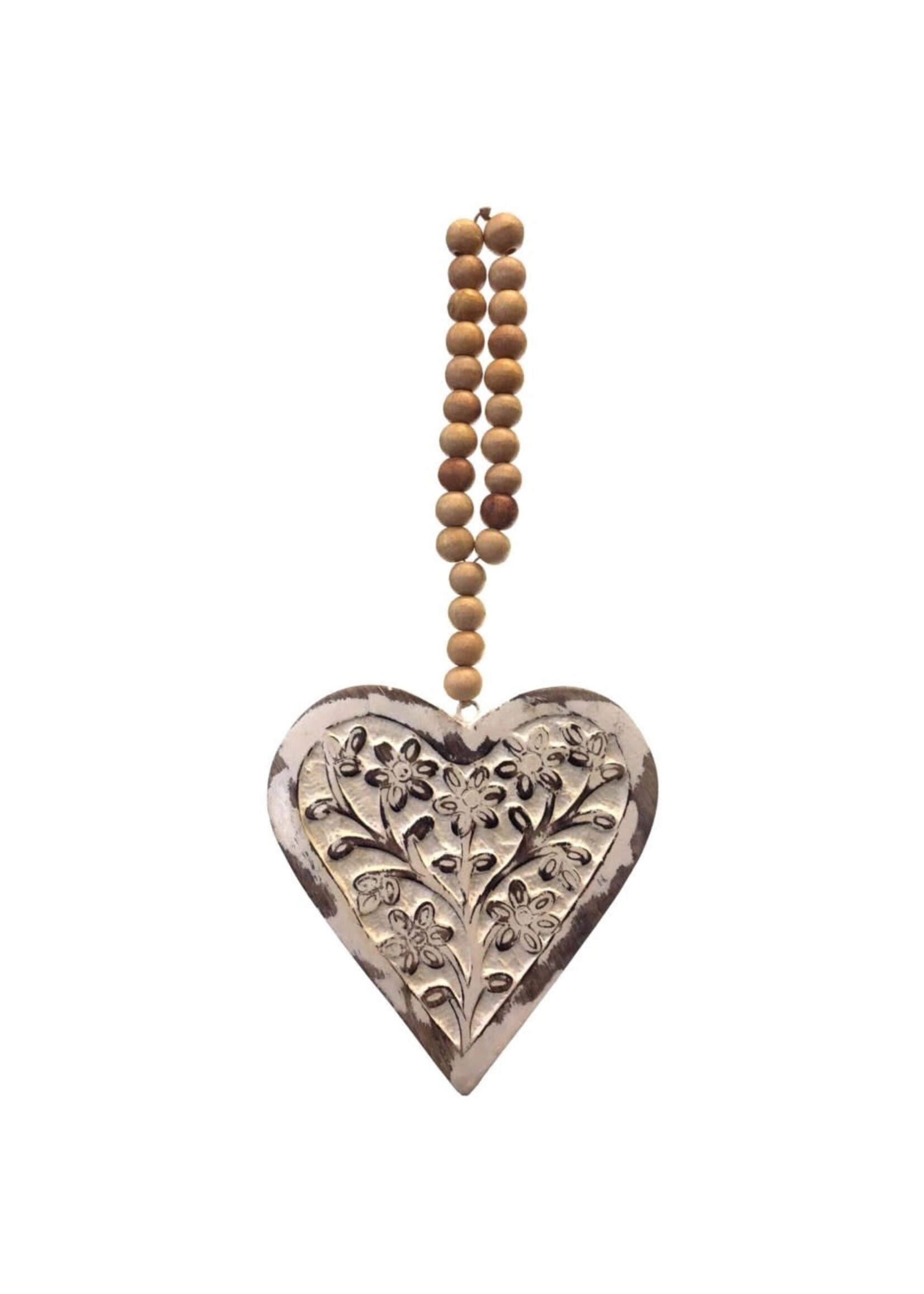 Mango Wood Heart with Beads - Floral 6"