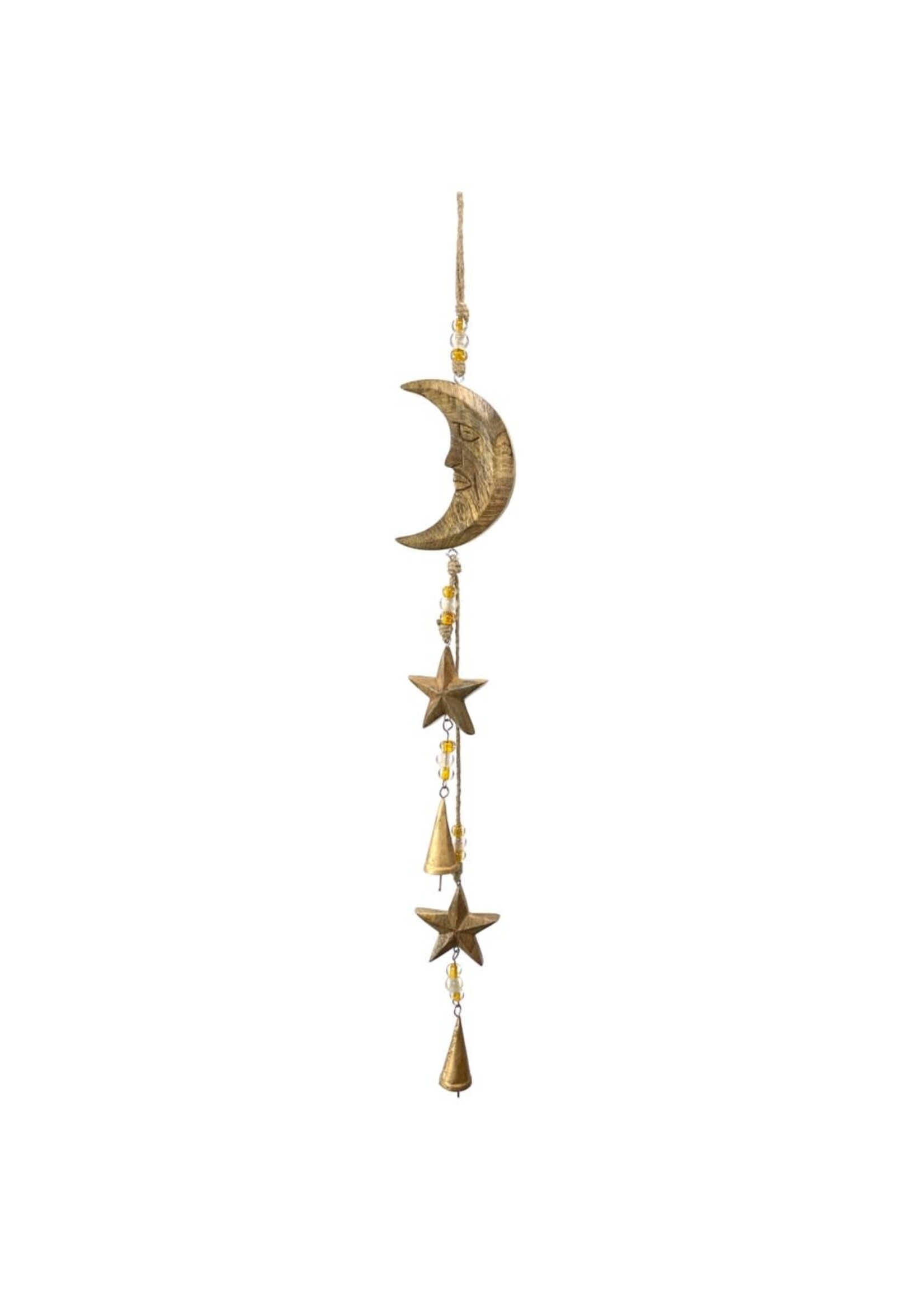 Mango Wood Bell Chimes - Moon & Stars Natural 32"