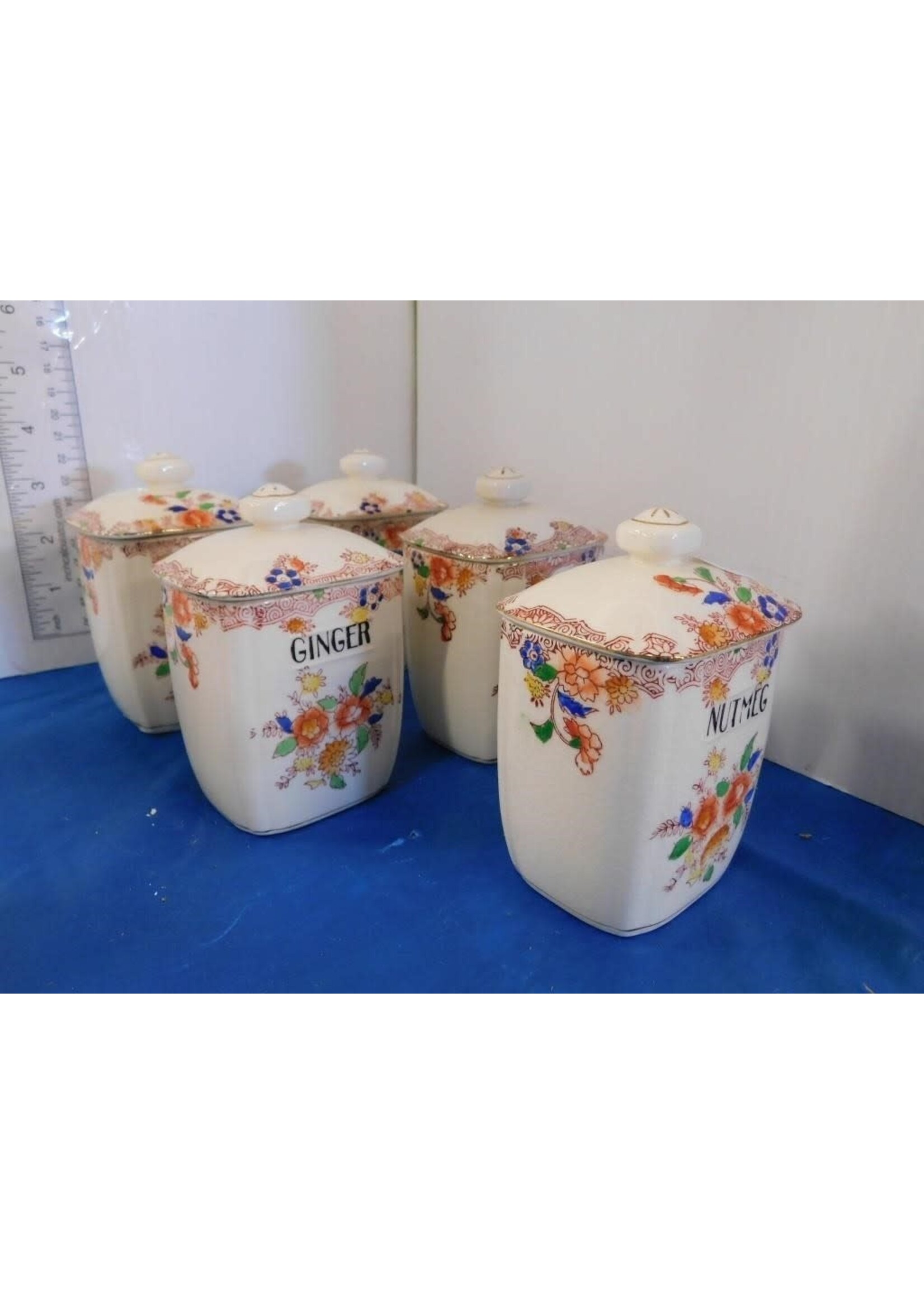 5 SPICE JARS - MORIMURA HAND PAINTED CIRCA 1940'S