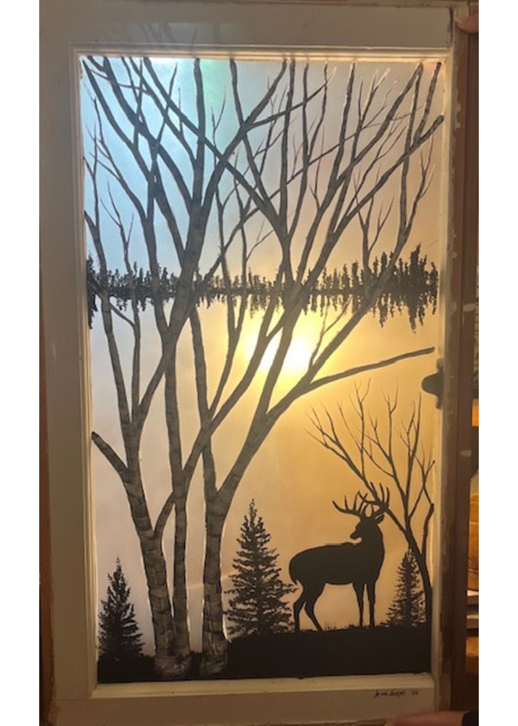 Diana Jenkins Hand Painted Vintage Window Buck w Birch 19” w x 32” L