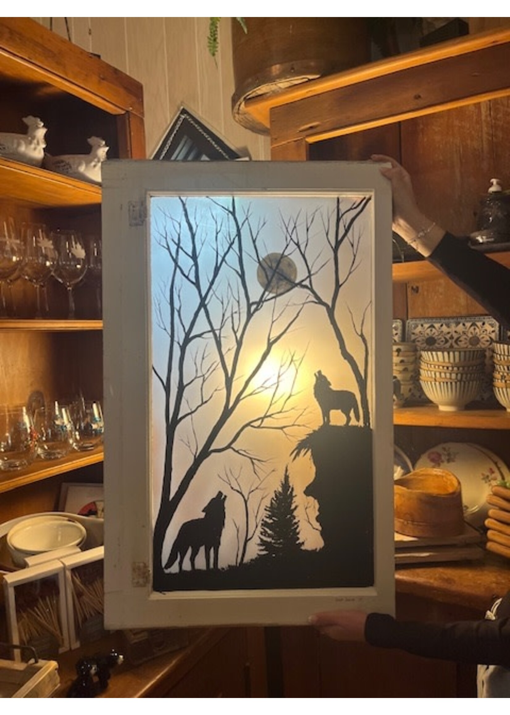 Diana Jenkins Hand Painted Vintage Window Wolves 20” w x 31” L
