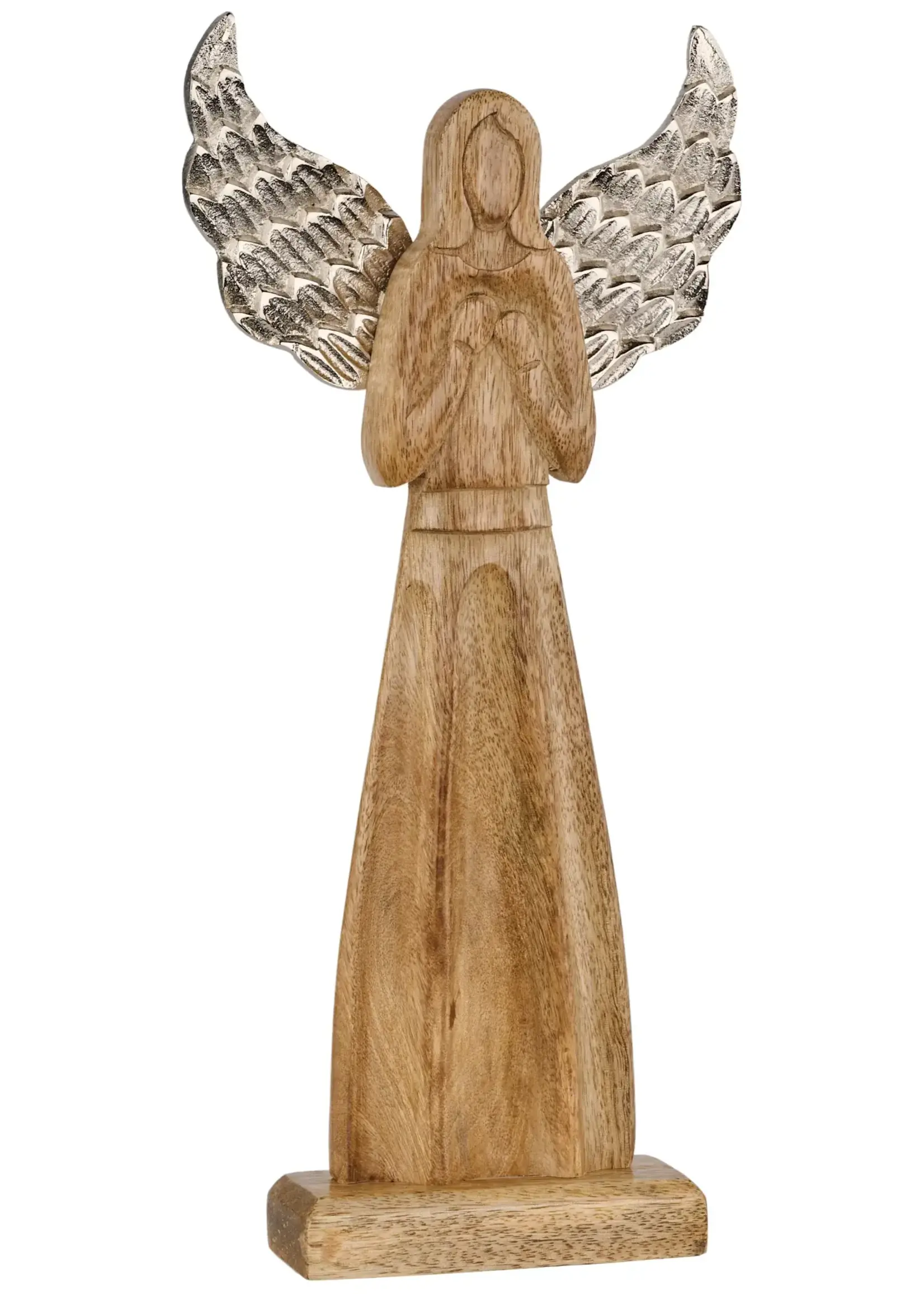 15"H X 7"W NATURAL MANGO WOOD ANGEL WITH SILVER WINGS