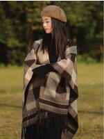 Premium Soft Checkered Cape W/ Fringes - Beige