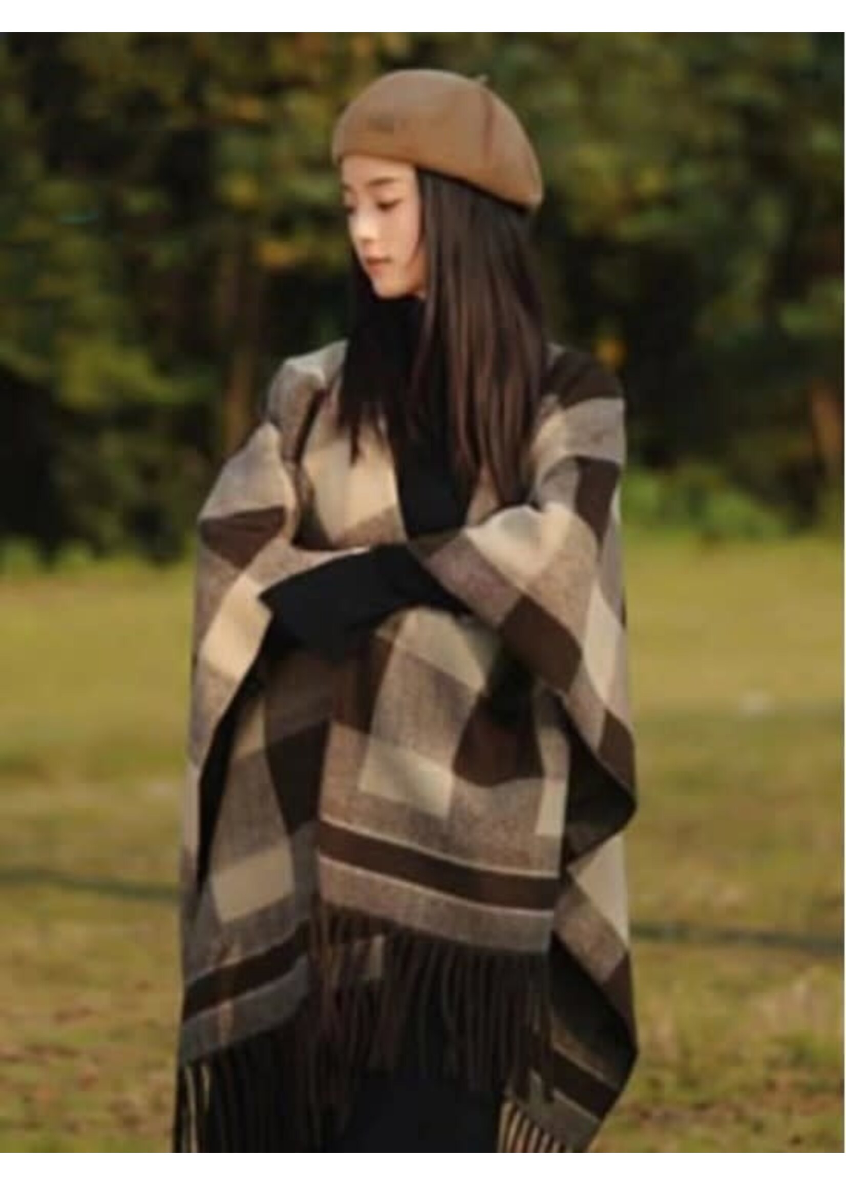 Premium Soft Checkered Cape W/ Fringes - Beige