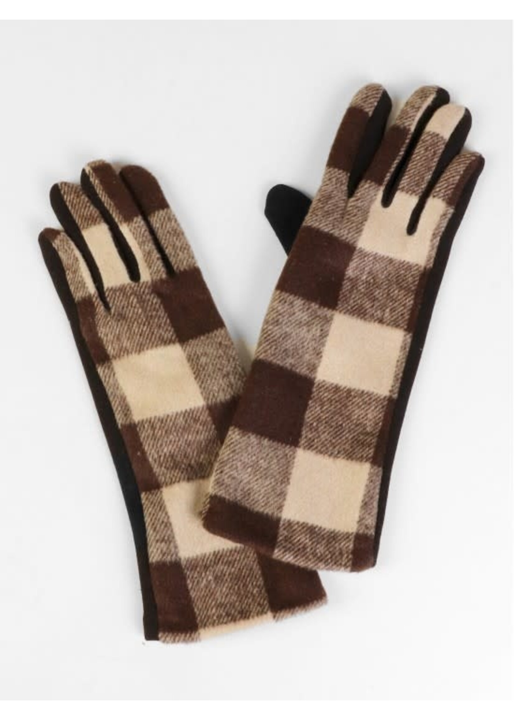 Plaid Patterned Touch Screen Long Gloves - Beige