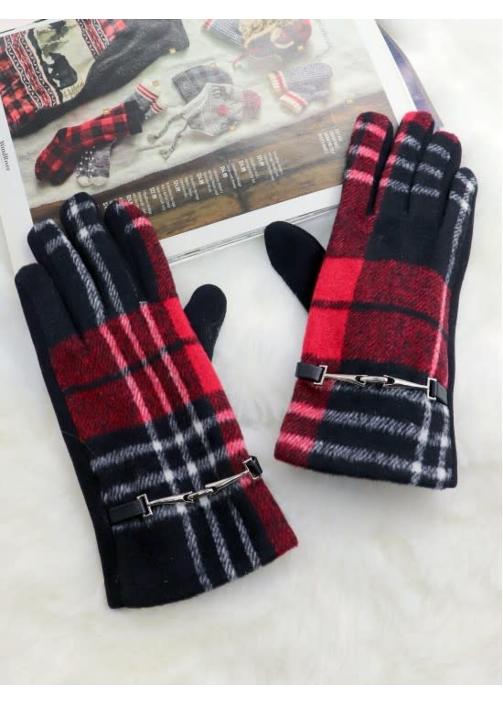 Plaid Touch Screen Glove W/ Link - Red