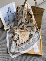Silk Feeling Floral Patterned Square Scarf - White/Yellow