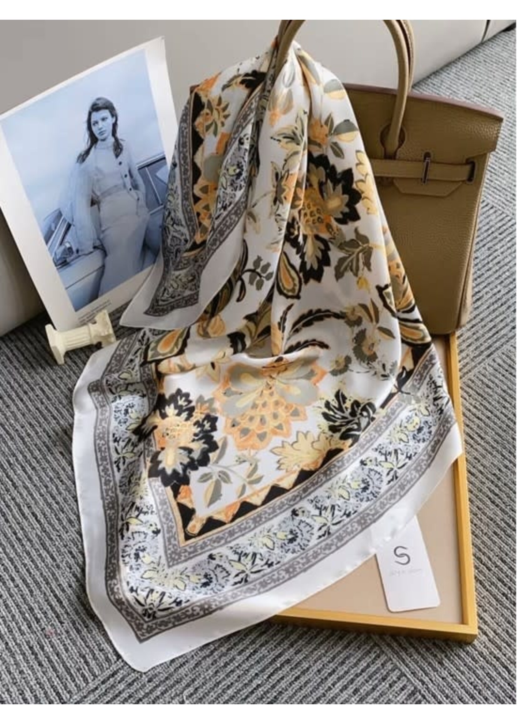 Silk Feeling Floral Patterned Square Scarf - White/Yellow