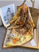 Silk Feeling Floral Patterned Square Scarf - Orange/Yellow