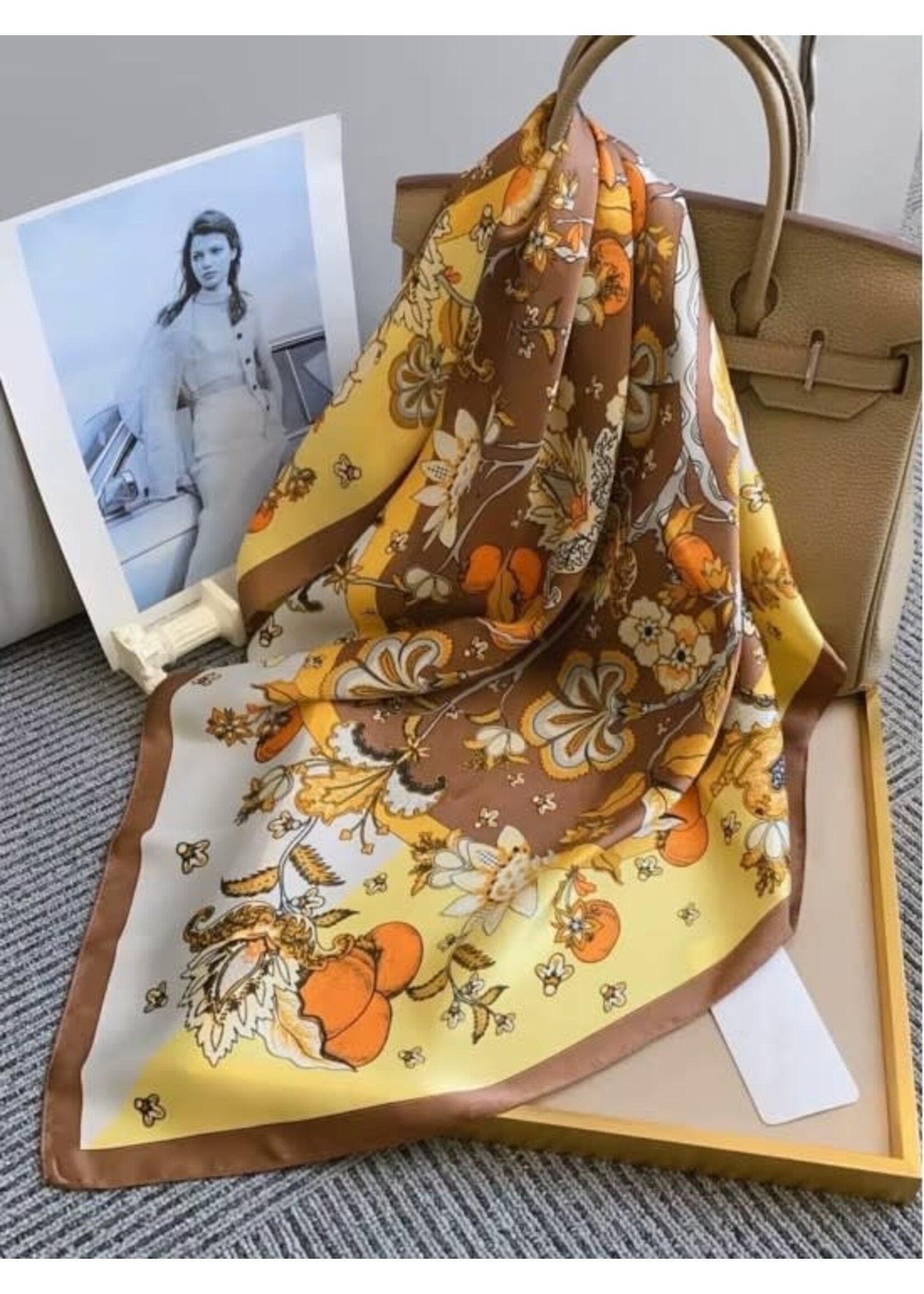 Silk Feeling Floral Patterned Square Scarf - Orange/Yellow