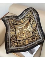 Silk Feeling Floral Patterned Square Scarf - Black/Gold