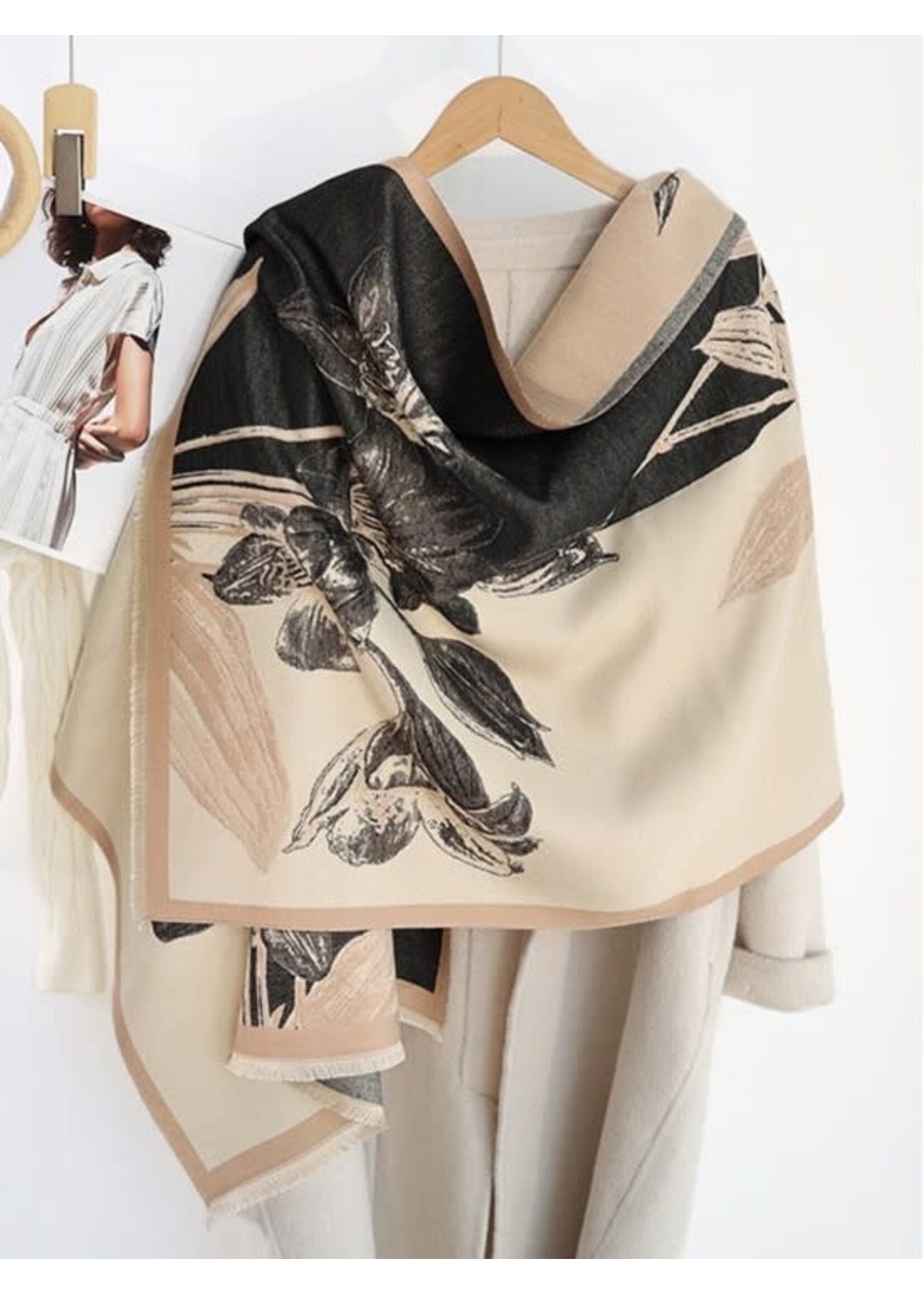 Floral Print Blanket Scarf - Beige
