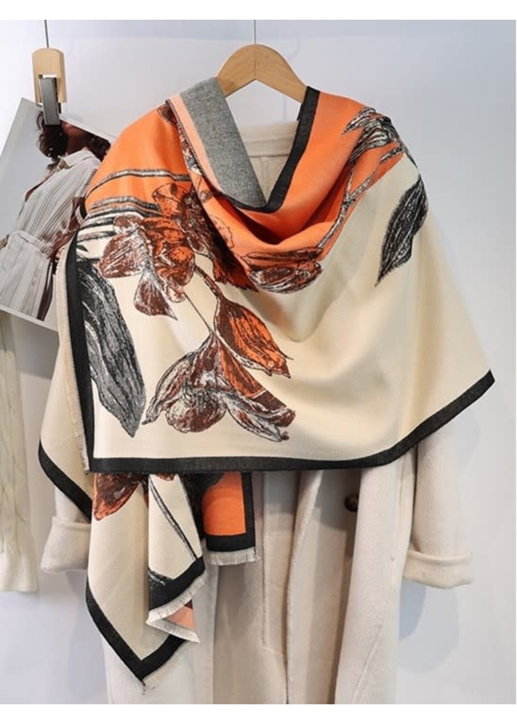 Floral Print Blanket Scarf - Orange