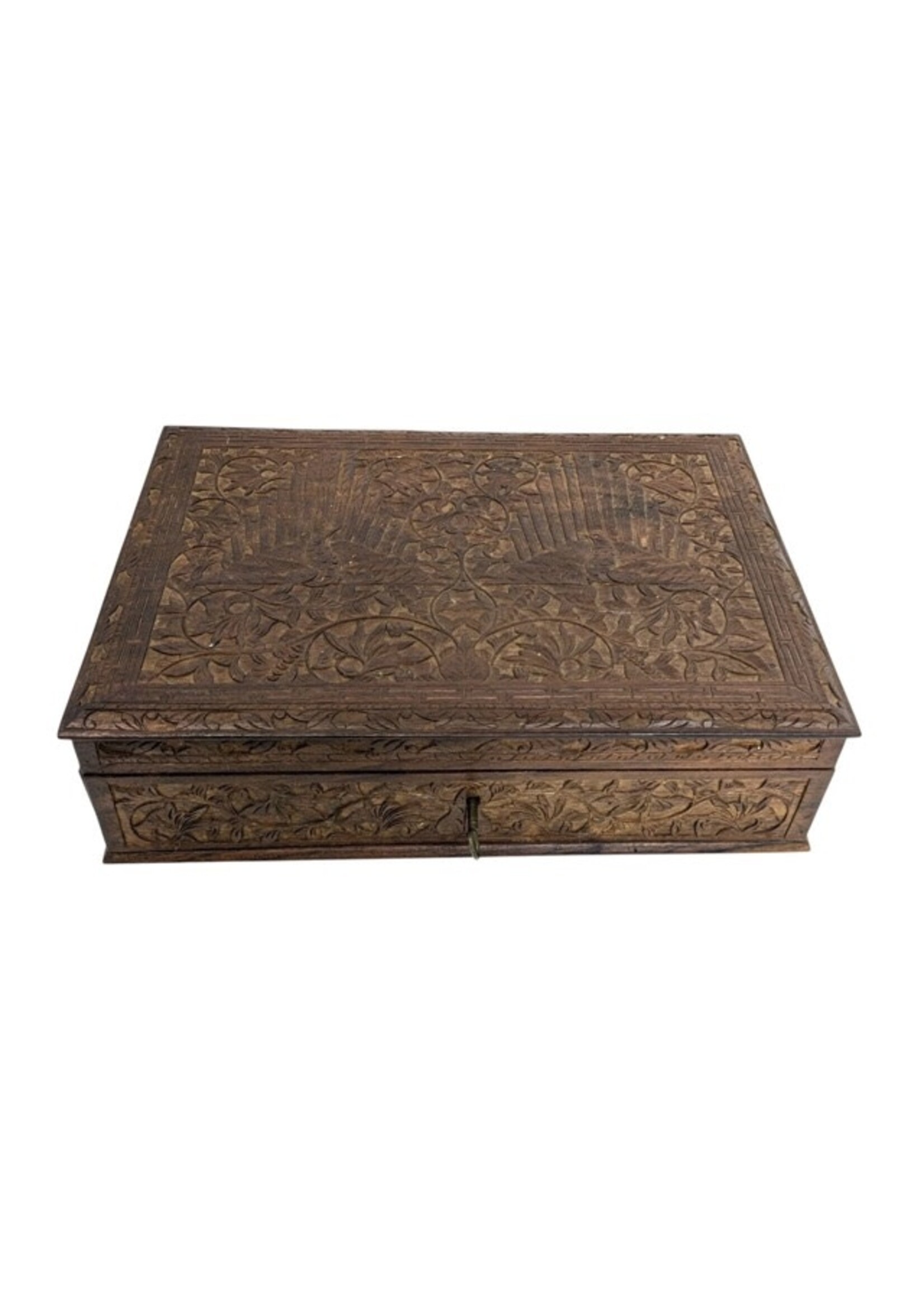Wood Carved Two-Tier Keepsake Box with Lock & Key