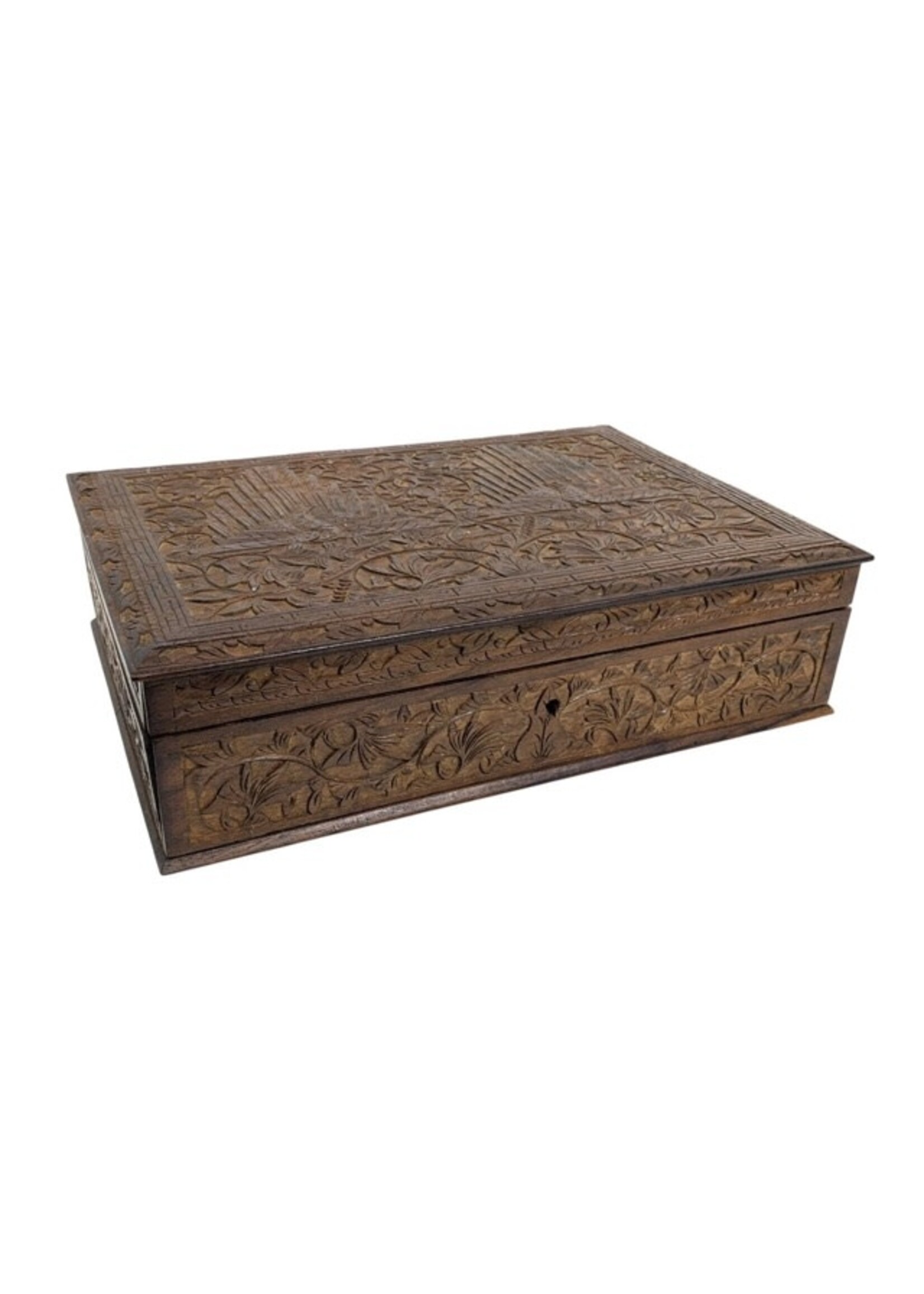 Wood Carved Two-Tier Keepsake Box with Lock & Key