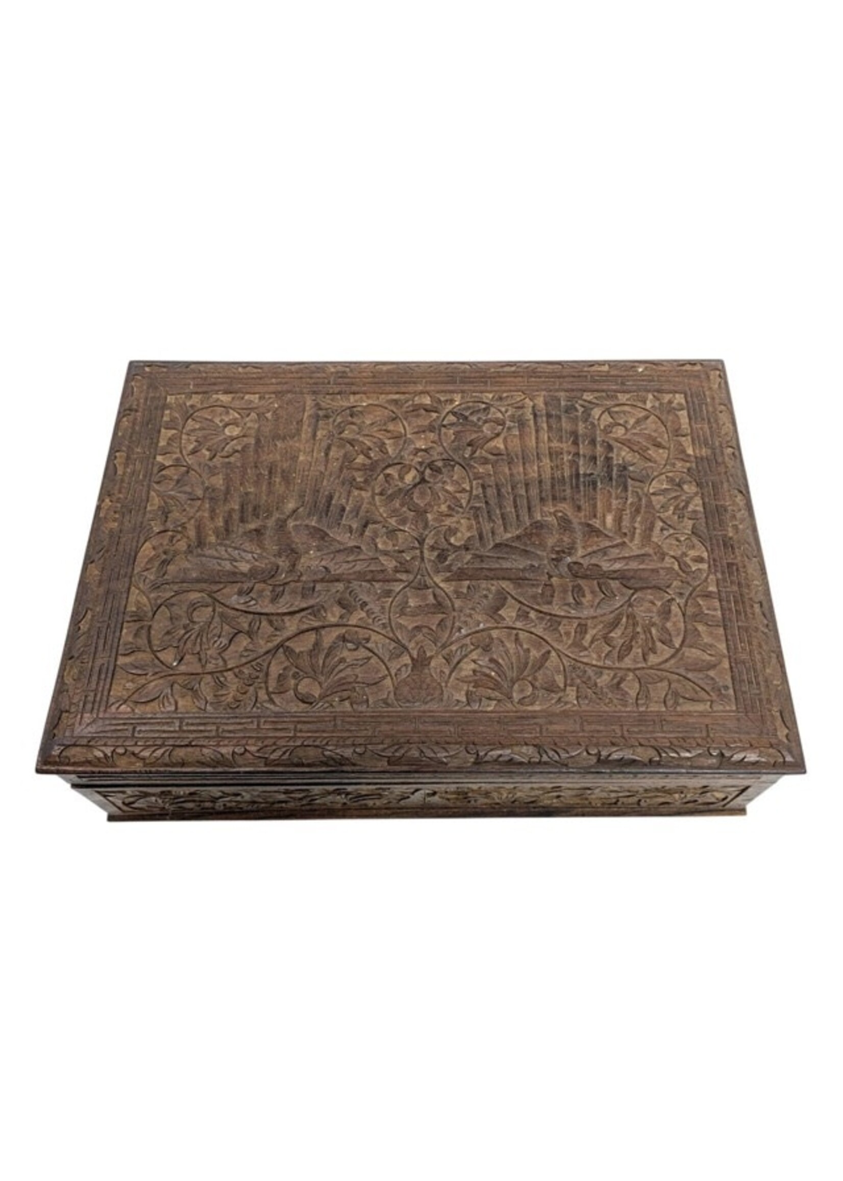 Wood Carved Two-Tier Keepsake Box with Lock & Key