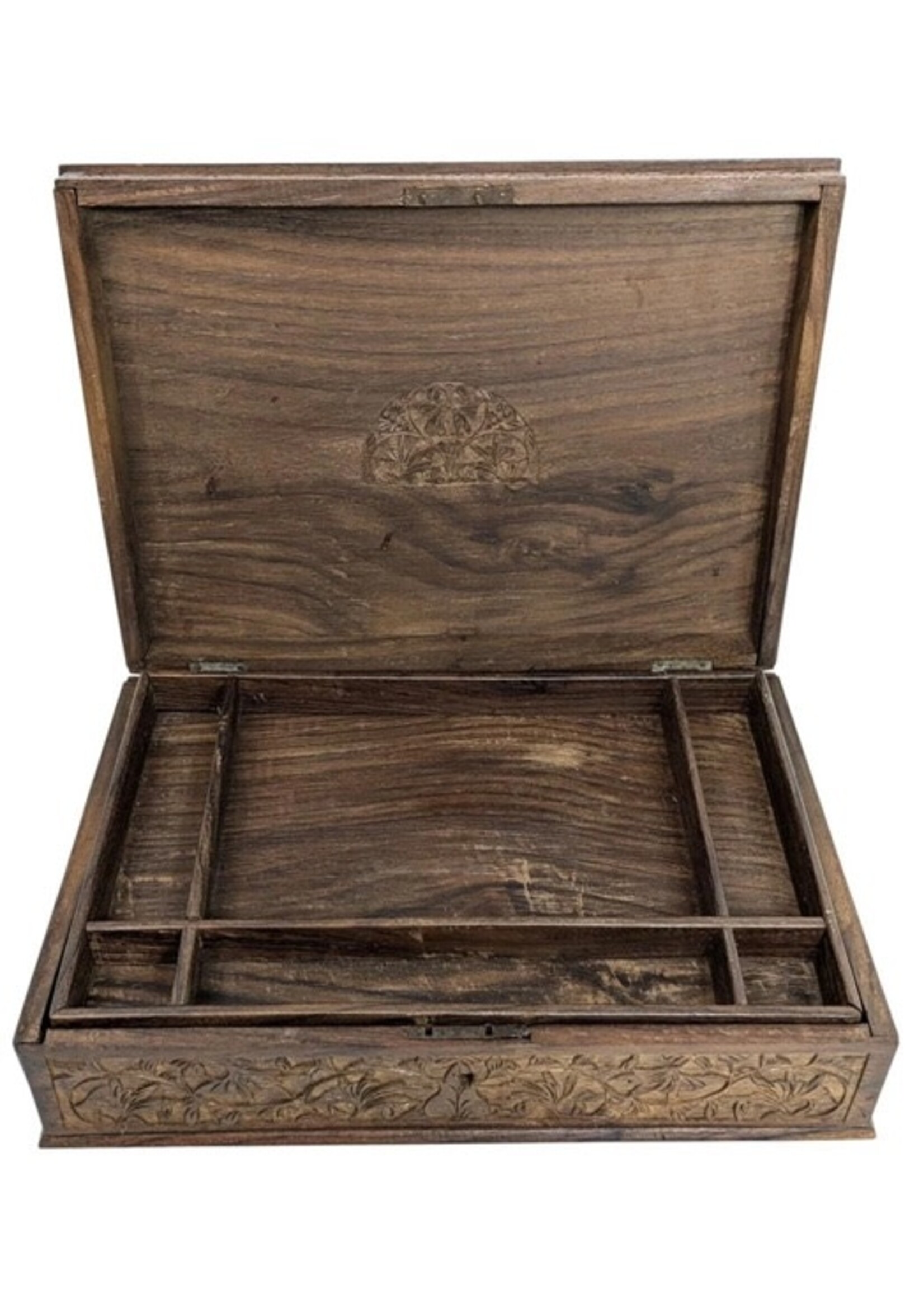 Wood Carved Two-Tier Keepsake Box with Lock & Key