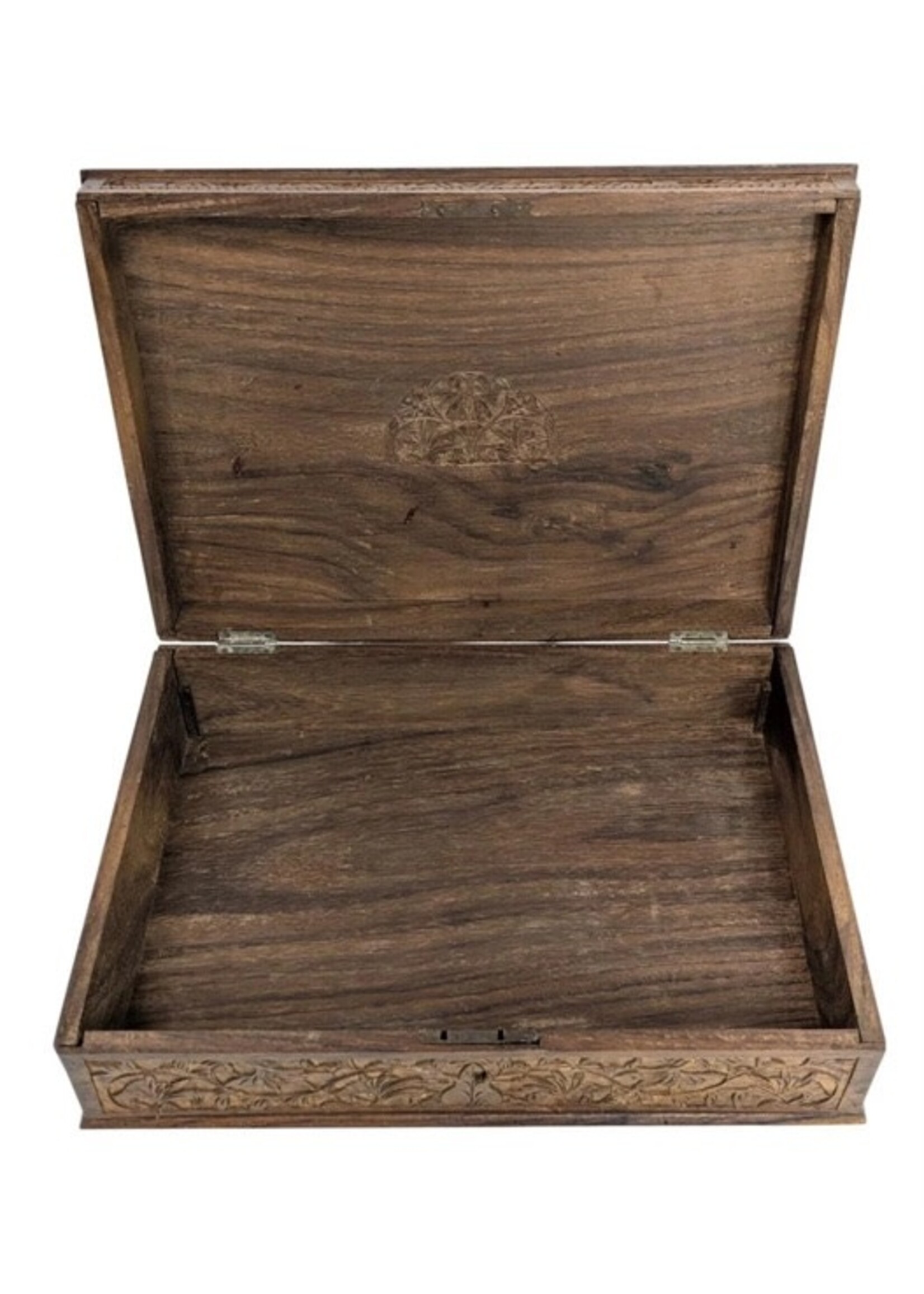 Wood Carved Two-Tier Keepsake Box with Lock & Key