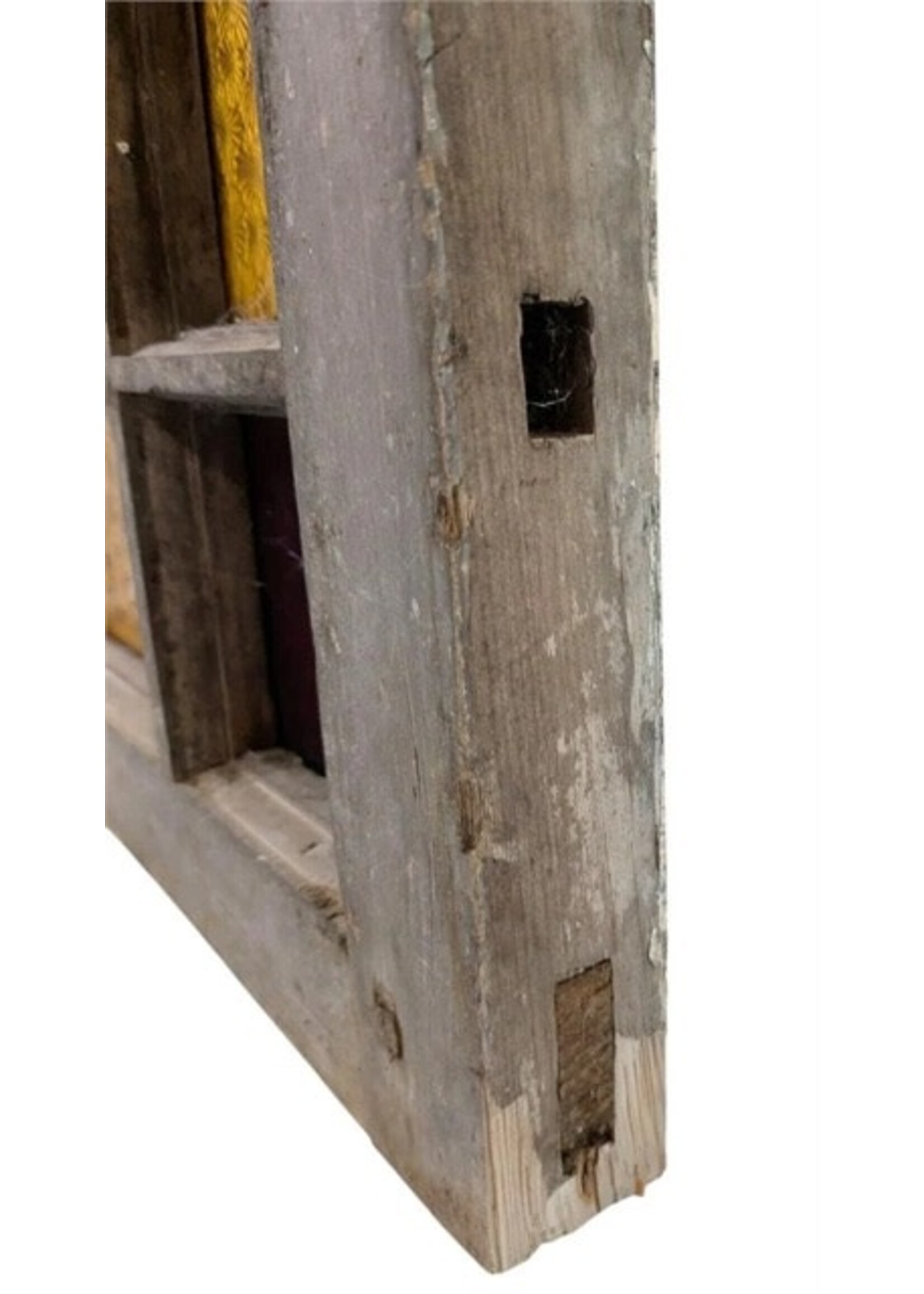 Diana Jenkins Hand Pained, Antique, Leaded Glass Window with Yellow and Red Accents - 23” x 40.5”