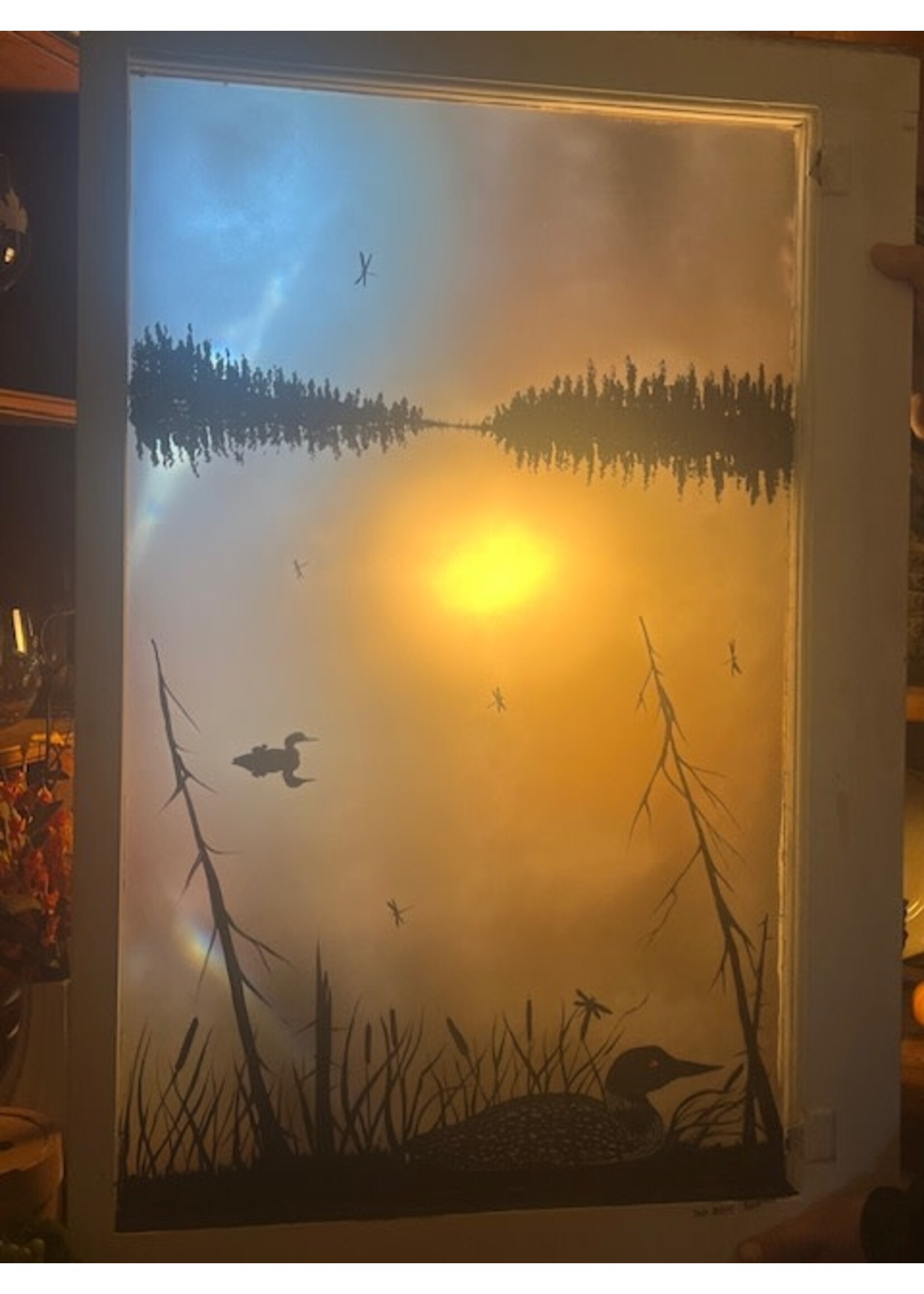 Diana Jenkins Hand Painted Vintage Window  Loon 24” W x 36” Tall