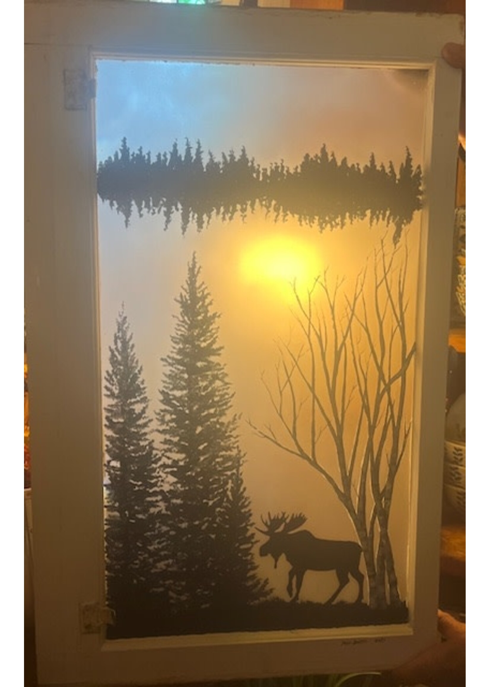 Hand Painted Vintage Window - Moose w Birch 20” W x 32” Tall