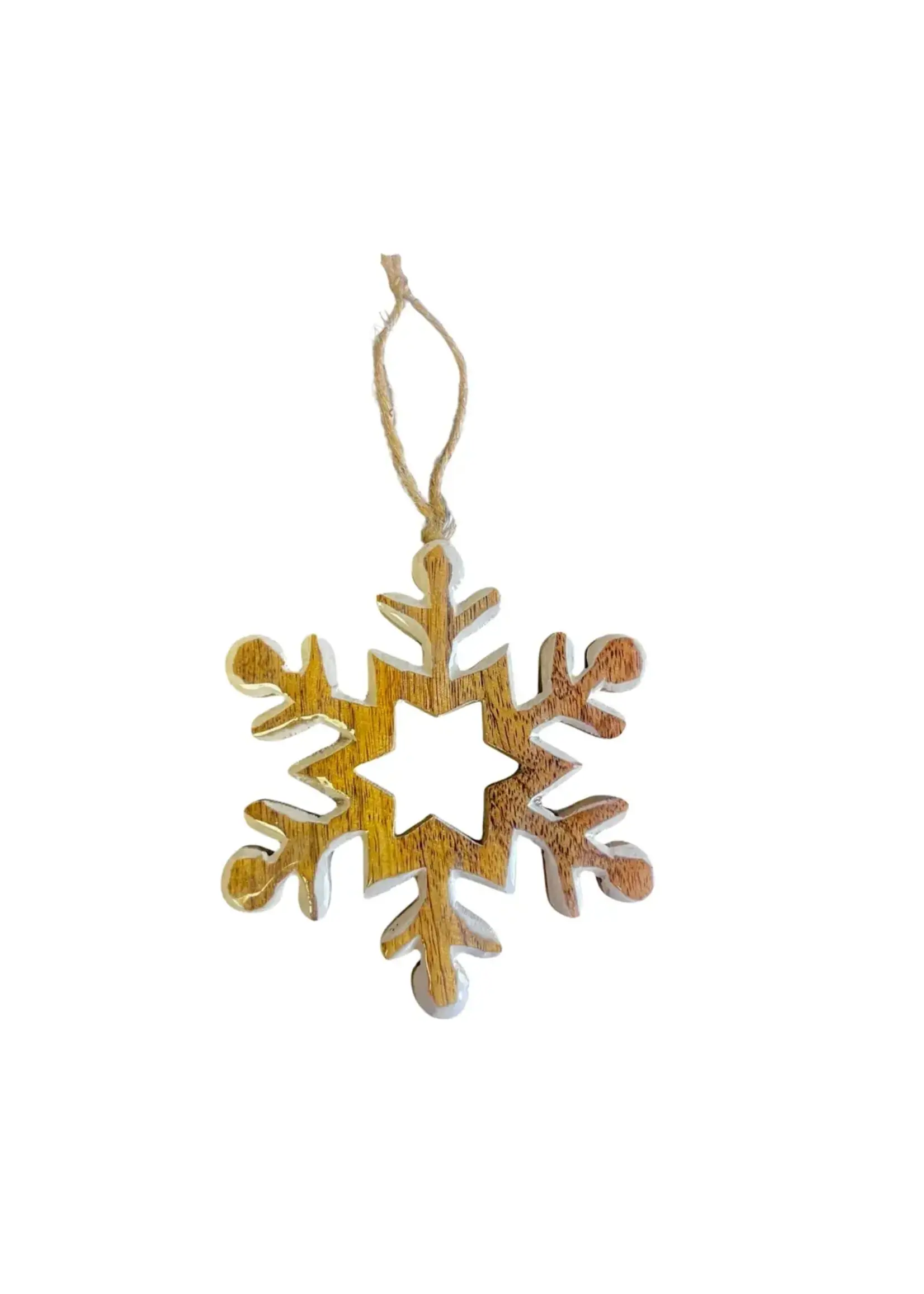 WOODEN HANGING SNOWFLAKE W/ CLEAR ENAMEL