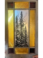 Diana Jenkins Hand Pained, Antique, Leaded Glass Window with Yellow and Red Accents - 23” x 40.5”