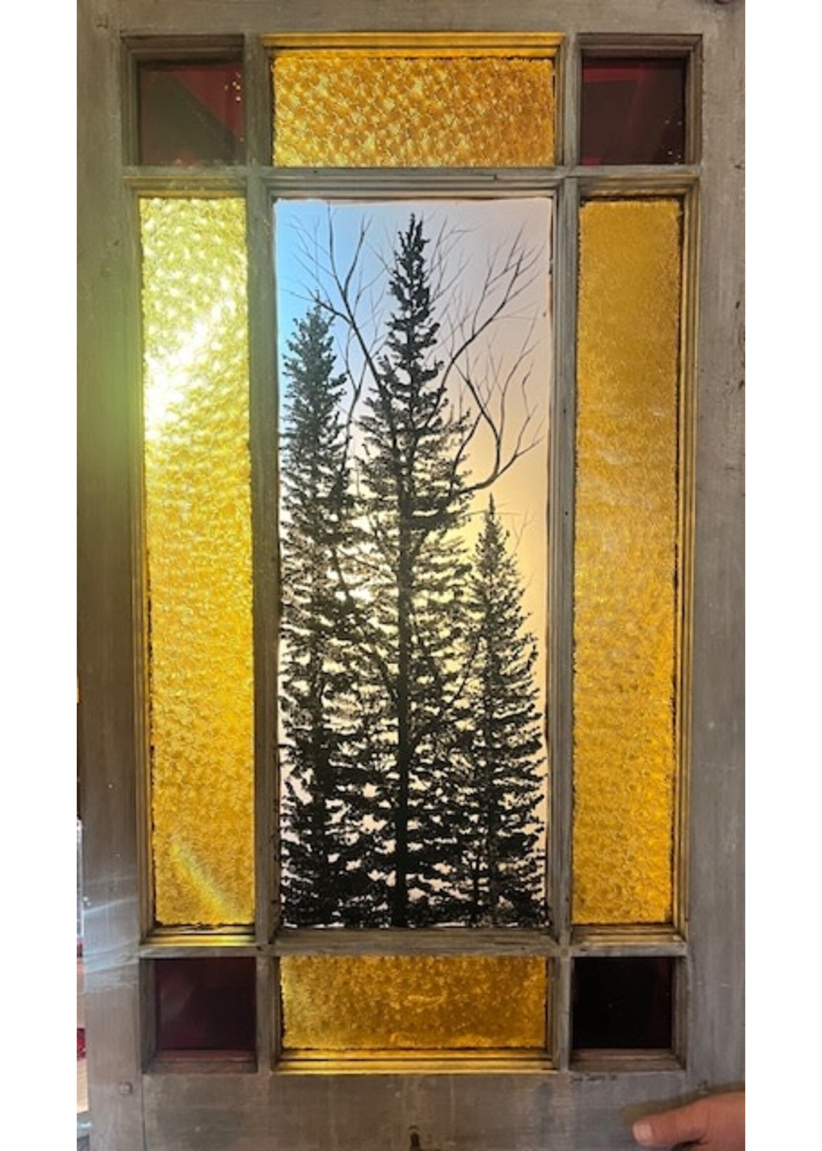 Diana Jenkins Hand Pained, Antique, Leaded Glass Window with Yellow and Red Accents - 23” x 40.5”