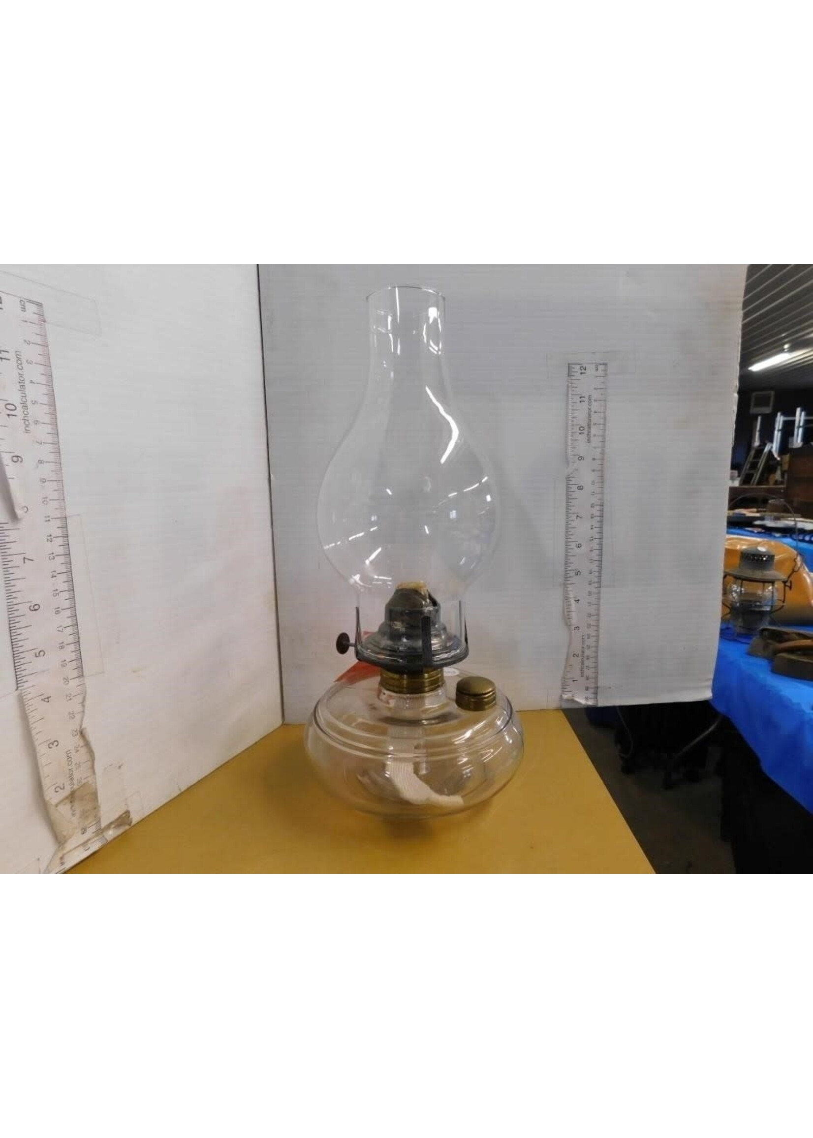 VINTAGE OIL LAMP, BRASS COLLAR AND FILLER CAP SIGNED