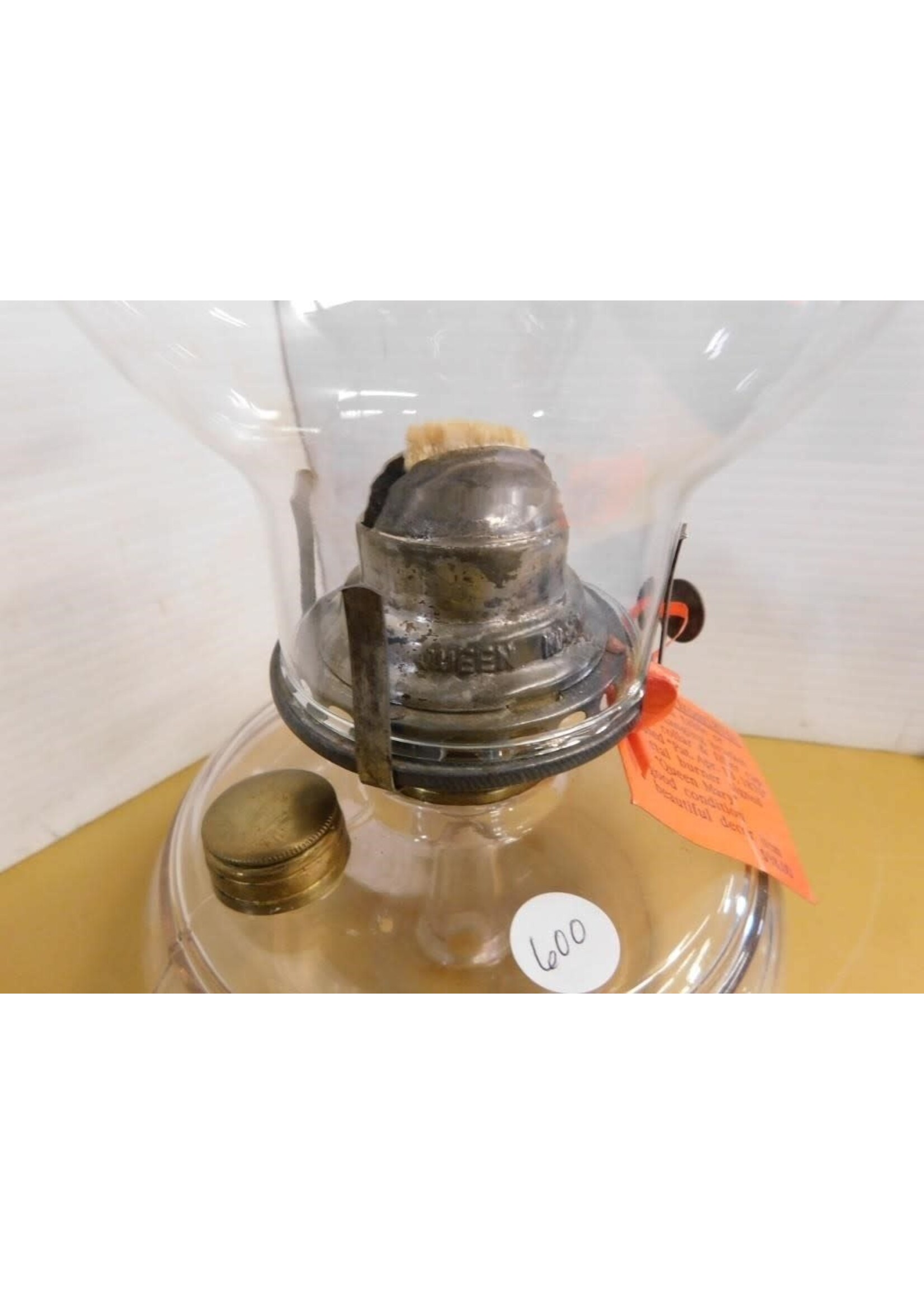 VINTAGE OIL LAMP, BRASS COLLAR AND FILLER CAP SIGNED