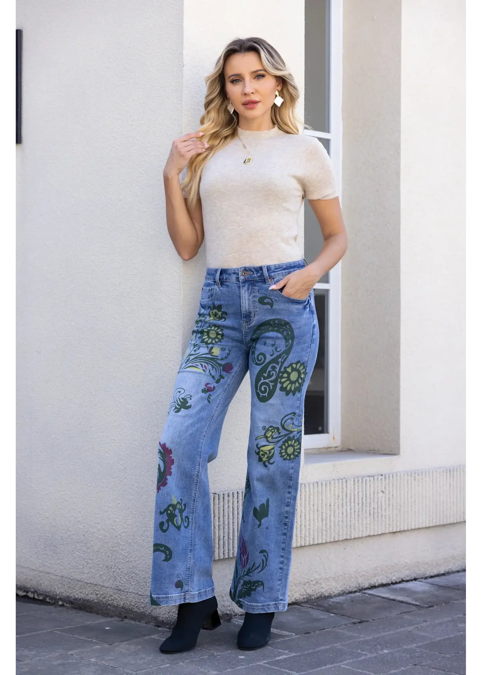 Orange Fashion Village Paisley Print Denim Jeans Mid-wash