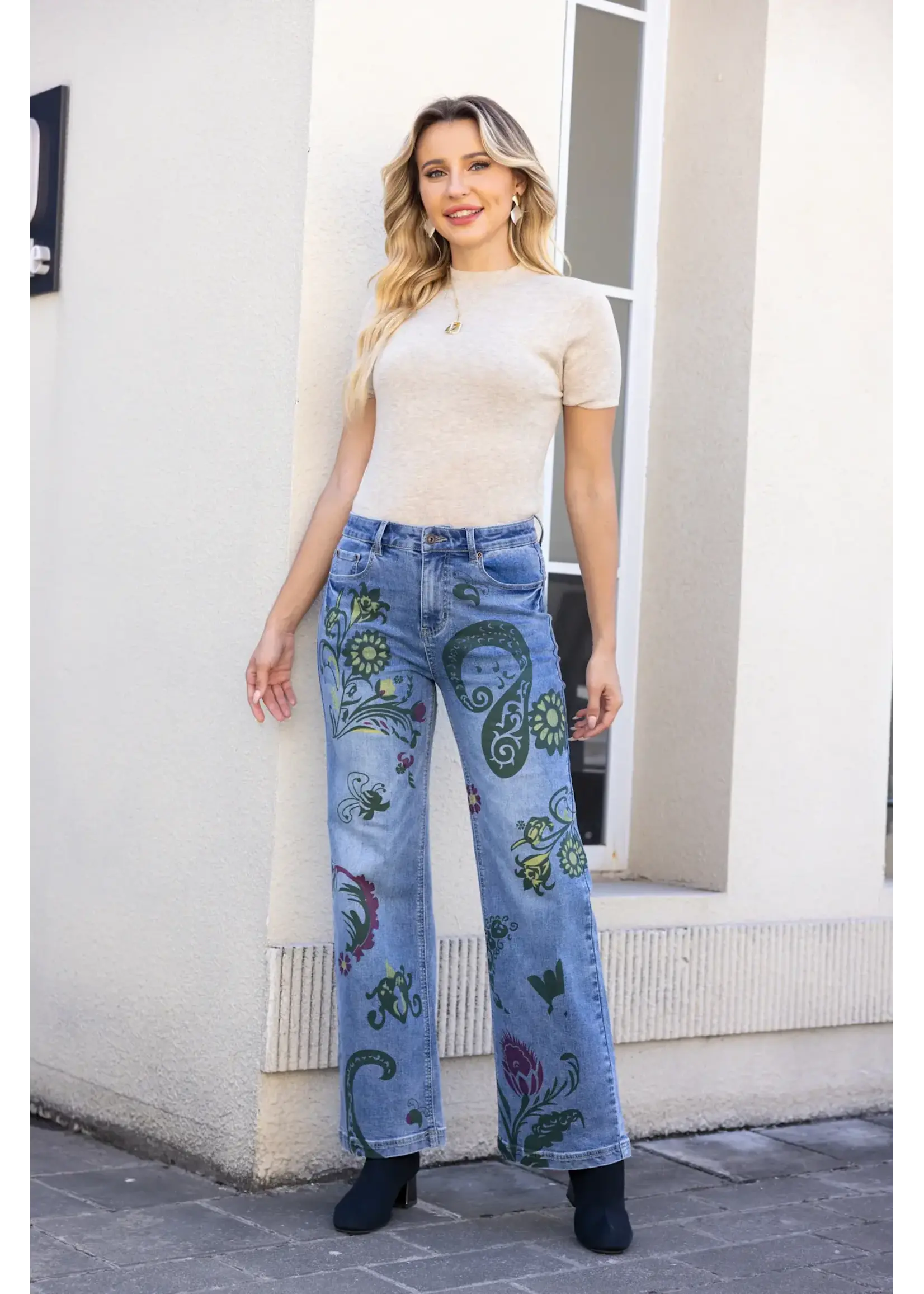 Orange Fashion Village Paisley Print Denim Jeans Mid-wash