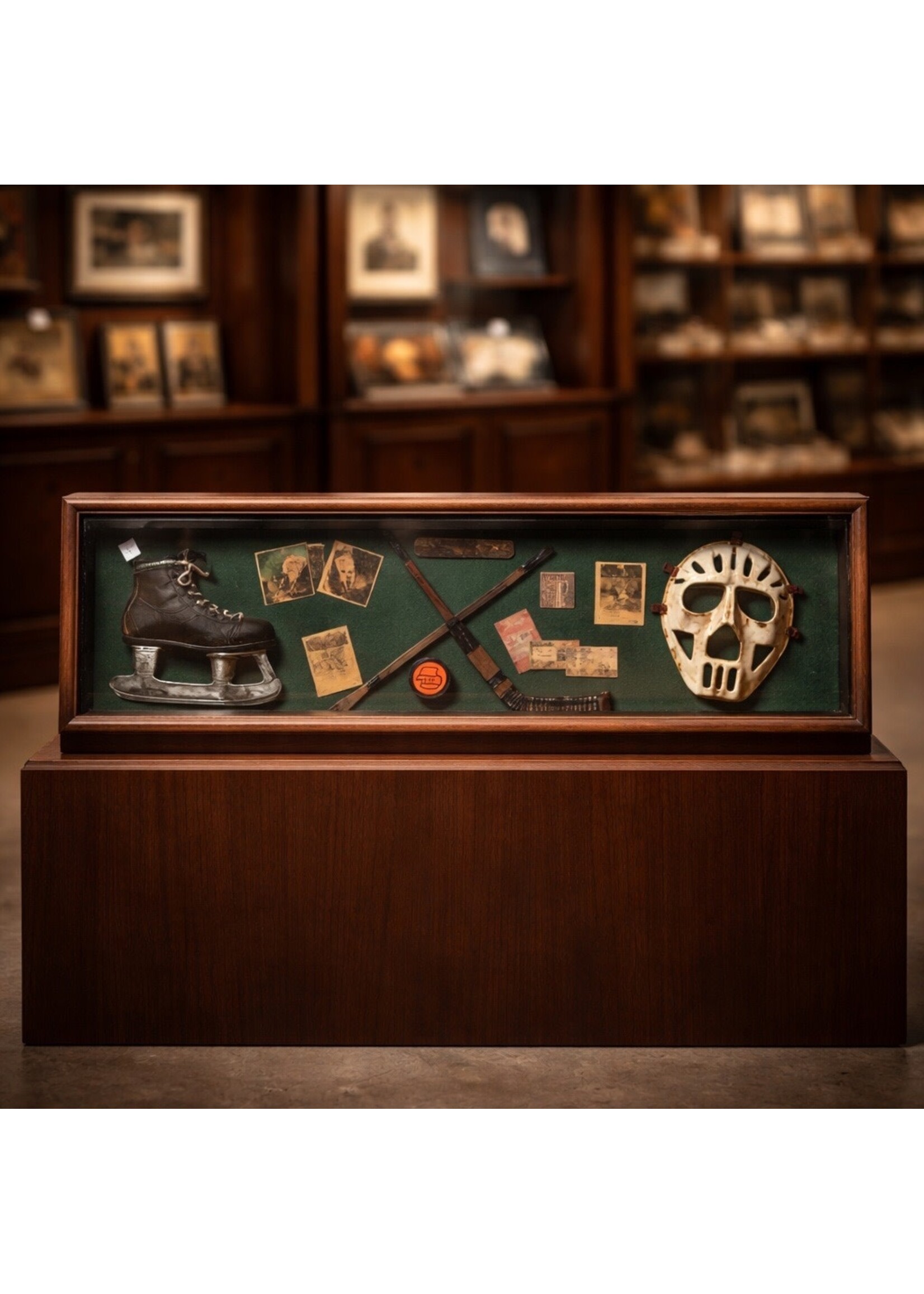 SHADOW BOX OF VINTAGE HOCKEY MEMORABILIA