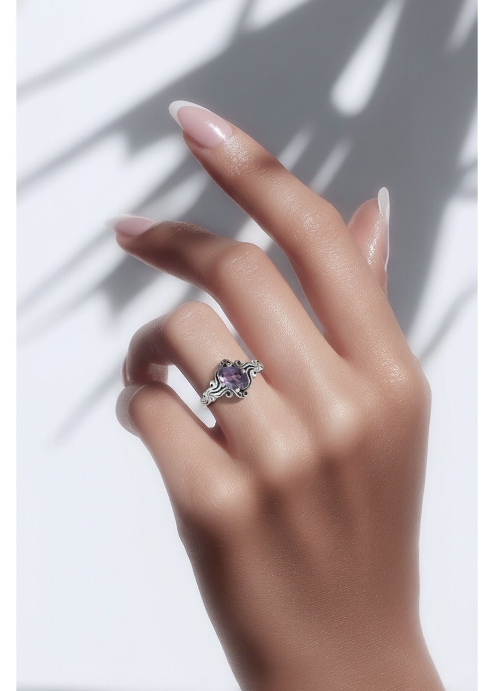 OVAL FACETED GEMSTONE RING SET IN STERLING SILVER 6 X 8 MM - Amethyst - Sz 8