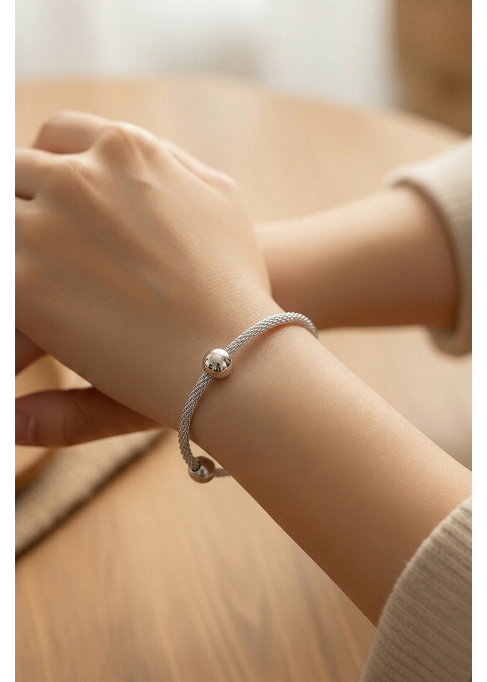 Sterling Silver 2mm Wheat Link with Stationed 6mm High Polished Balls.B244