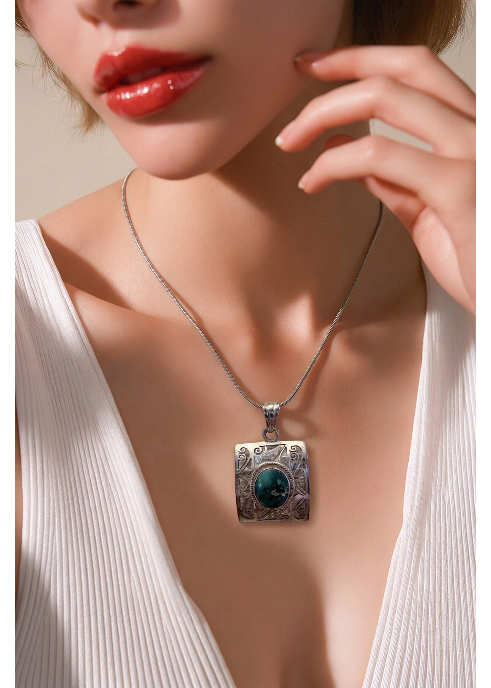 Navajo Style Sterling Silver Pendant w Turquoise