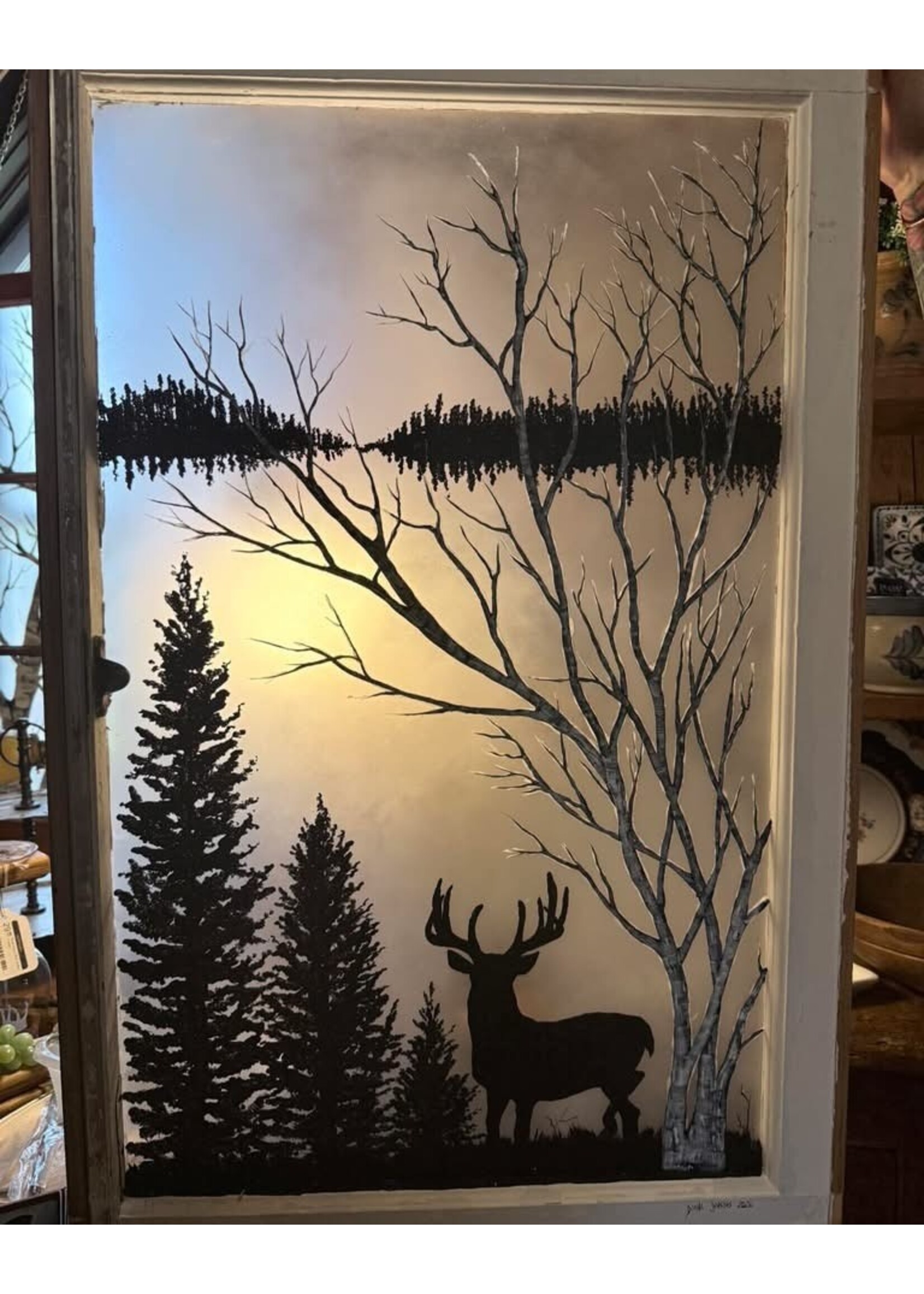 Vintage Window w Buck w Birch 23” x 36”