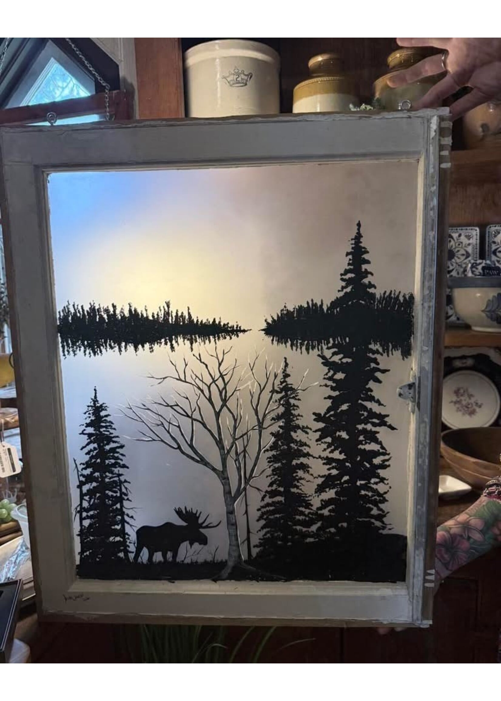 Vintage Window Moose w Birch 23” x 28”