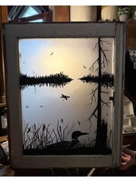 Diana Jenkins Hand Painted Vintage Window w Loon 19” w x 24” t