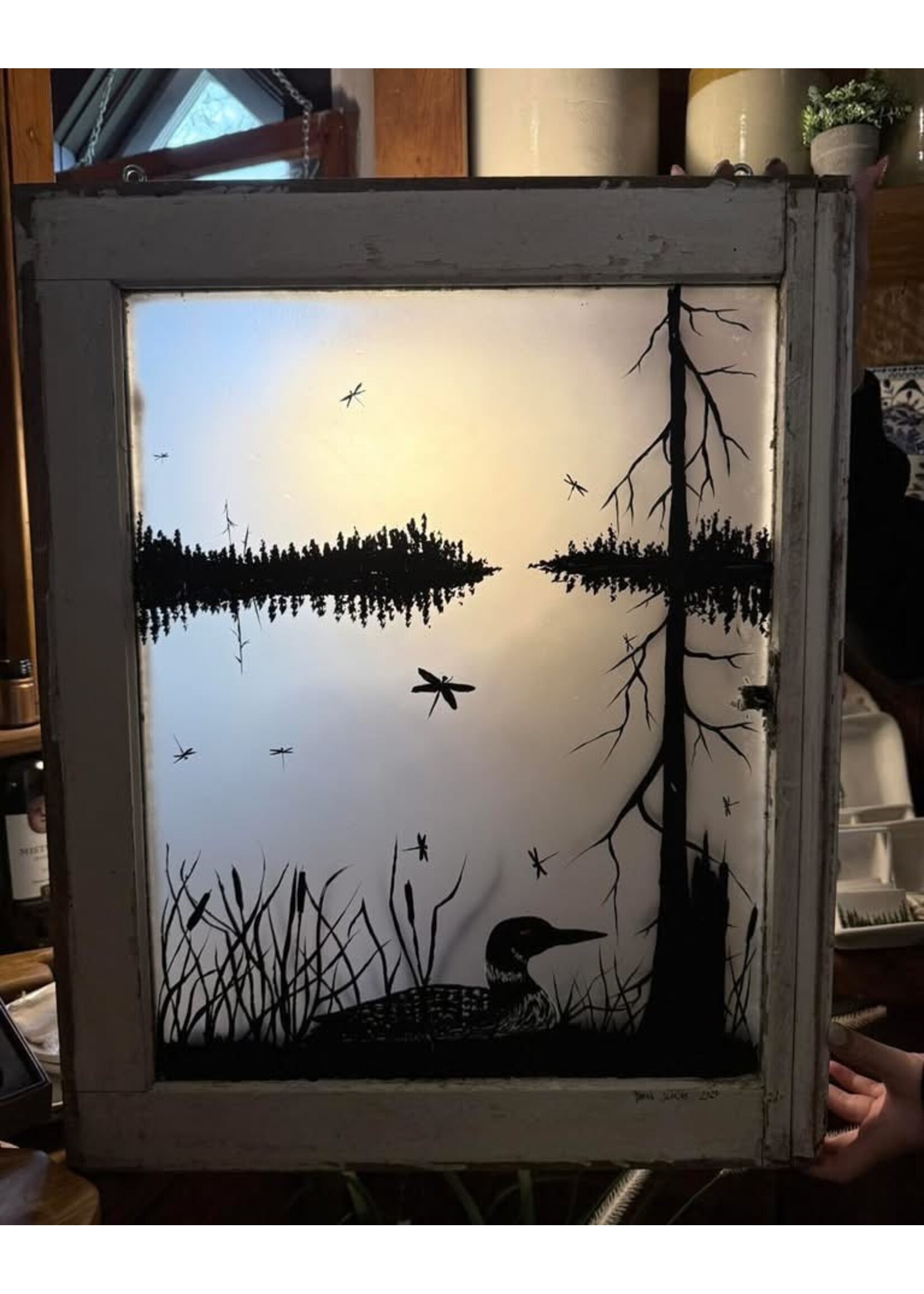 Diana Jenkins Hand Painted Vintage Window w Loon 19” w x 24” t