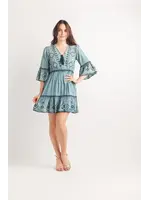 Emboidered And Beaded Denim Dress With Bell Sleeve