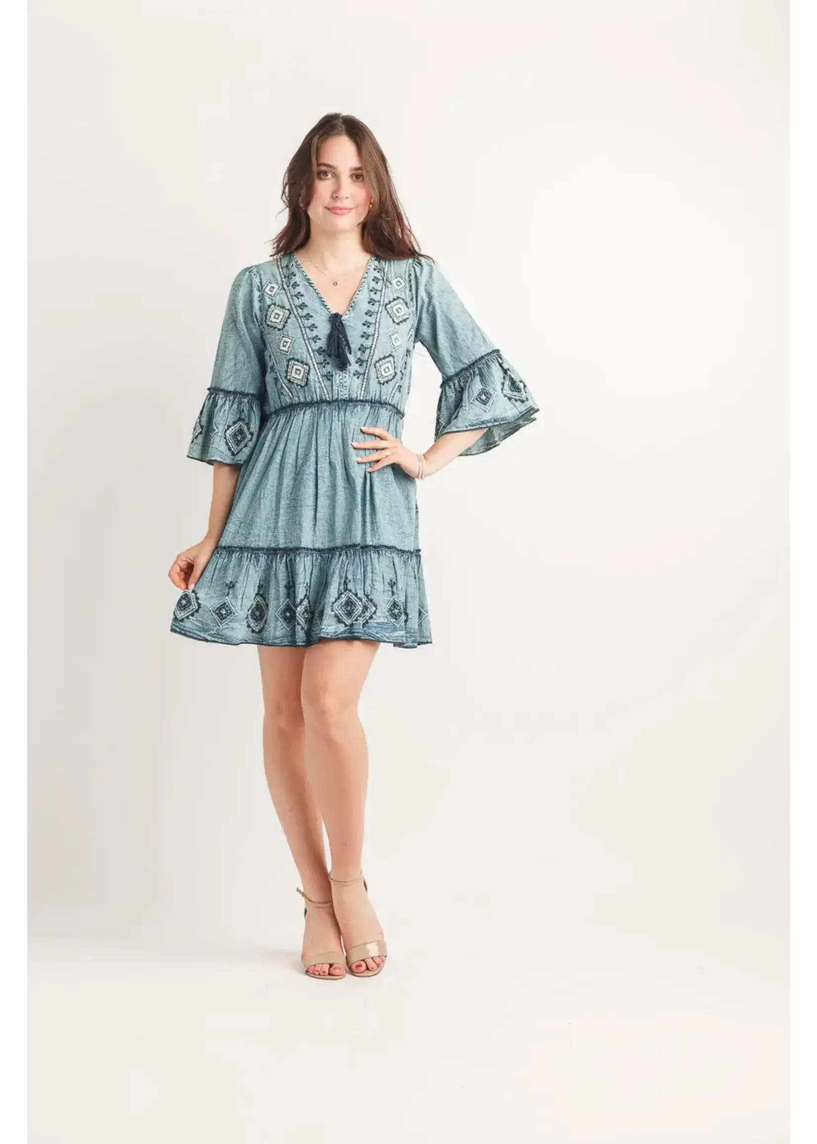 Emboidered And Beaded Denim Dress With Bell Sleeve