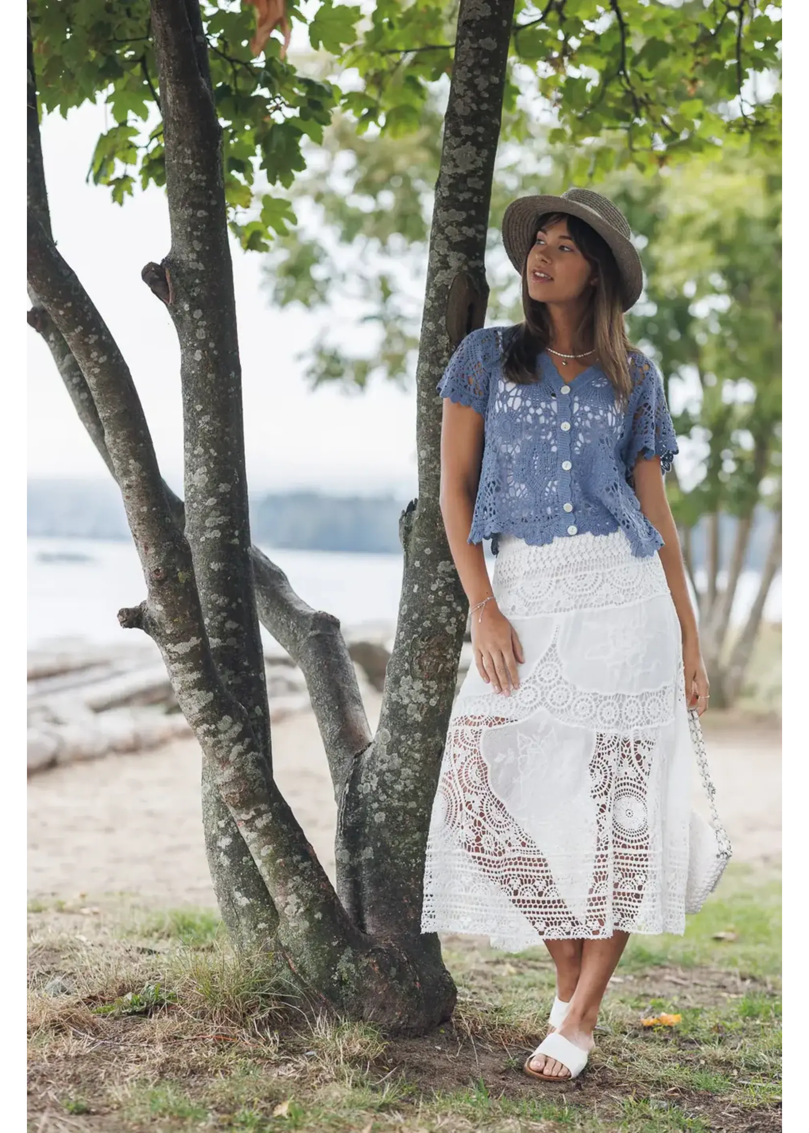 Rose Crochet Embroidered Skirt with Elastic Waist