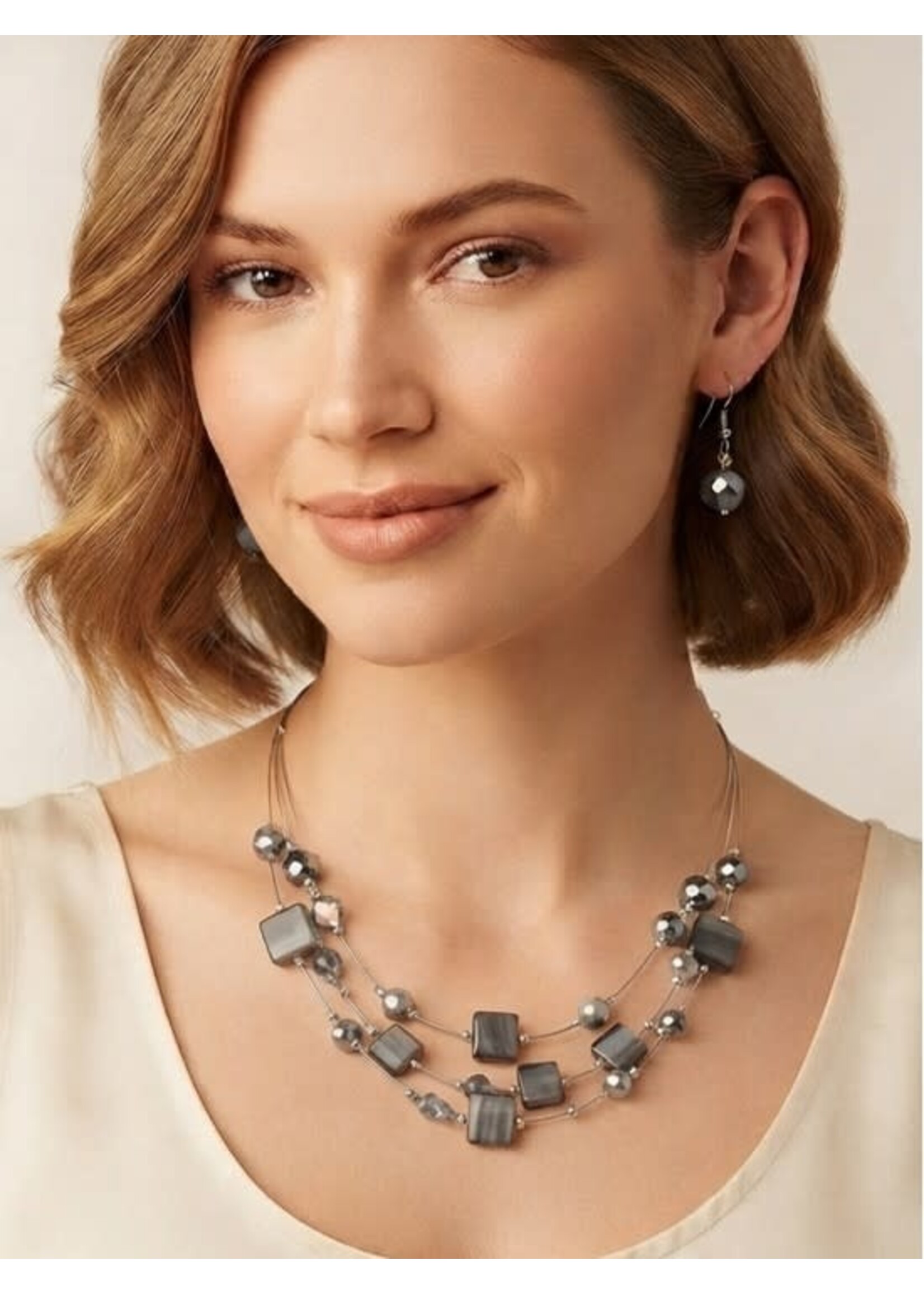 Multi Beaded Necklace w Earring Set Grey