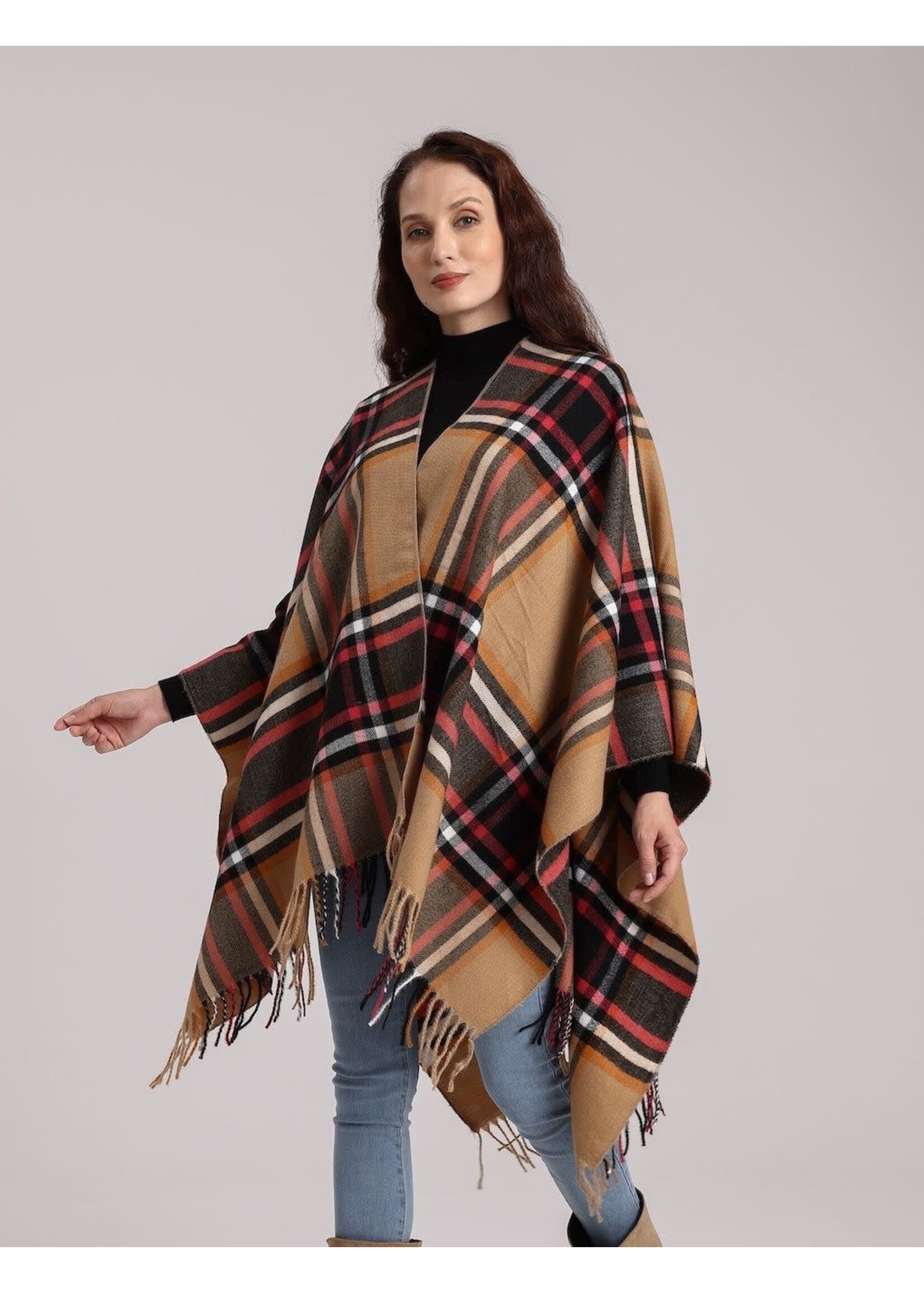 Woven Plaid Poncho - Camel